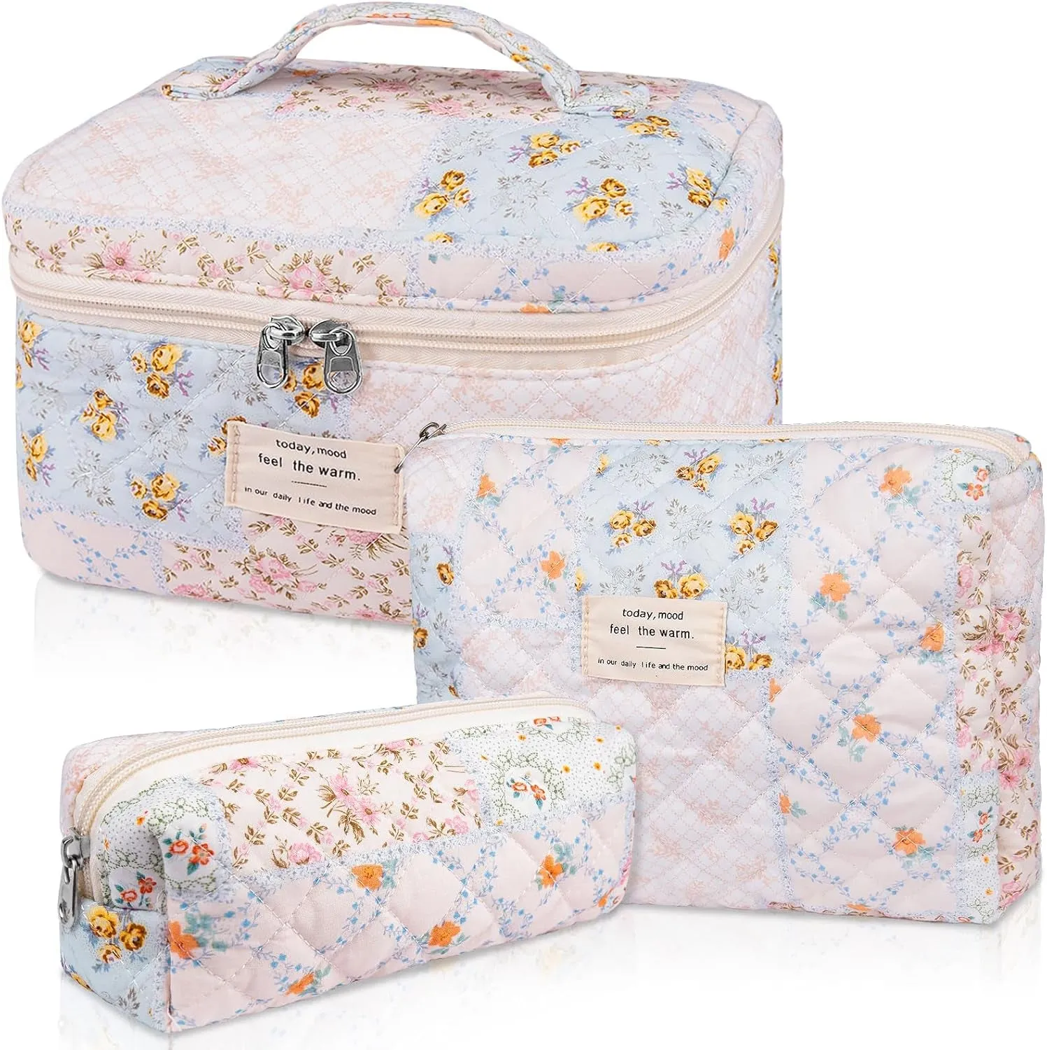 Makeup Bag Set, Quilted Makeup Bag, Large Floral Cosmetic Bag for Women, Cute Cotton Makeup Bags, Flower Travel Toiletry Organizer Bag