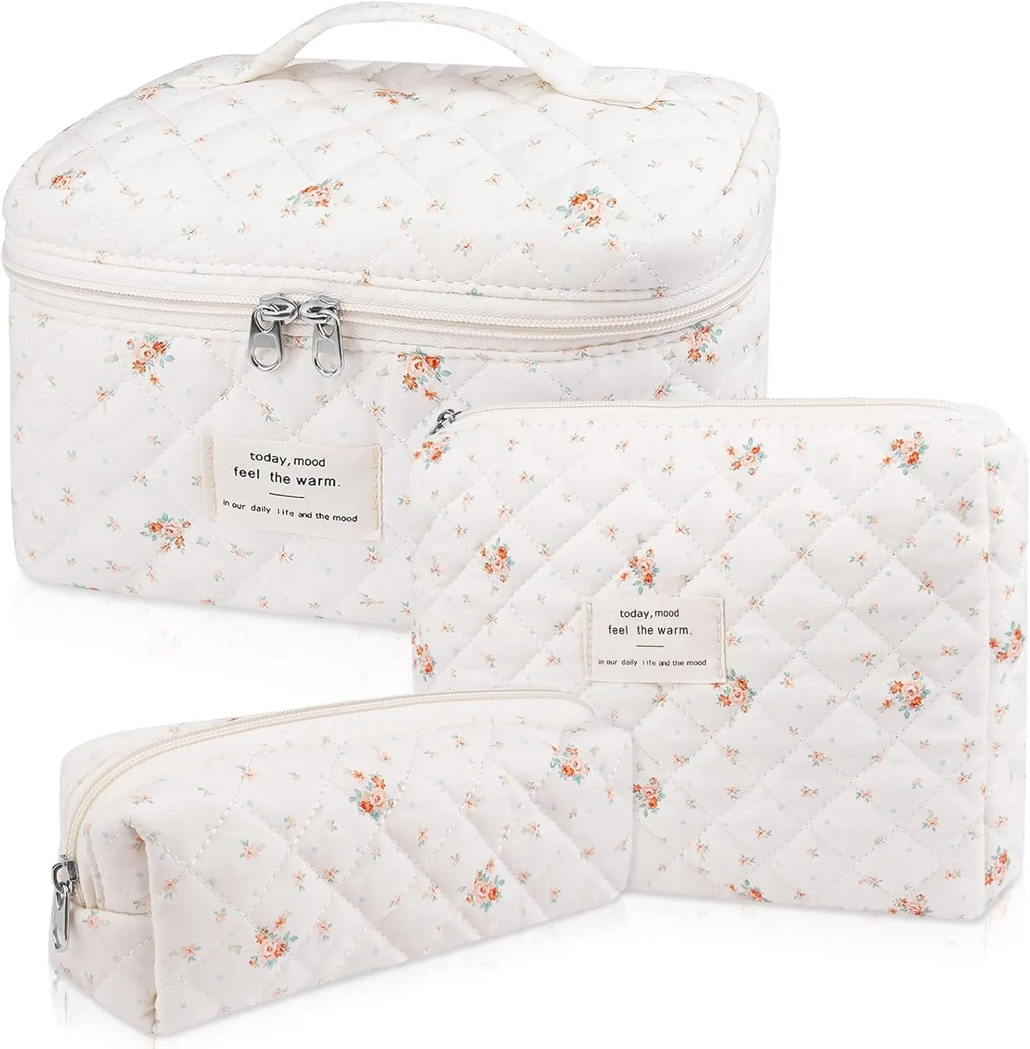 Makeup Bag Set, Quilted Makeup Bag, Large Floral Cosmetic Bag for Women, Cute Cotton Makeup Bags, Flower Travel Toiletry Organizer Bag