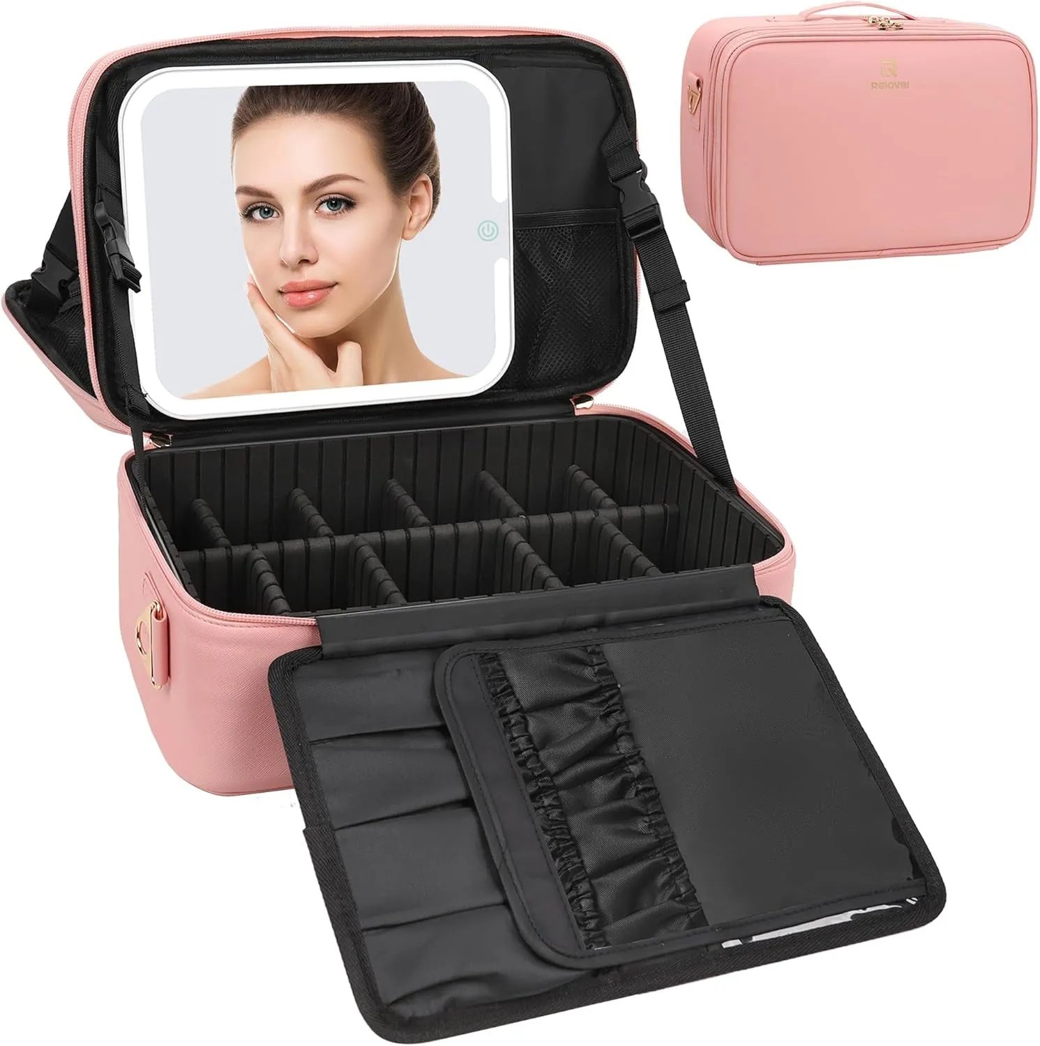 Makeup Case Large Makeup Bag Professional Train Case 16.5 Inches Travel Cosmetic Organizer Brush Holder Waterproof Makeup Artist Storage Box, 3 Layer Large Capacity, with Adjustable Strap