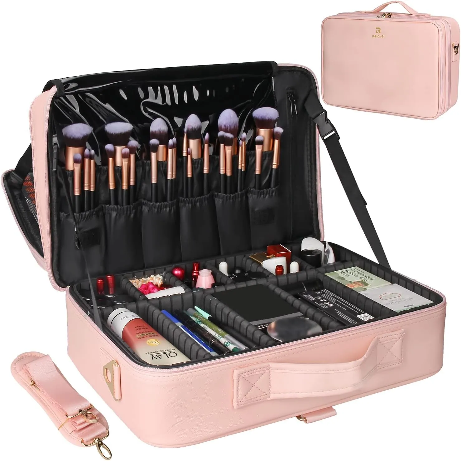 Makeup Case Large Makeup Bag Professional Train Case 16.5 Inches Travel Cosmetic Organizer Brush Holder Waterproof Makeup Artist Storage Box, 3 Layer Large Capacity, with Adjustable Strap