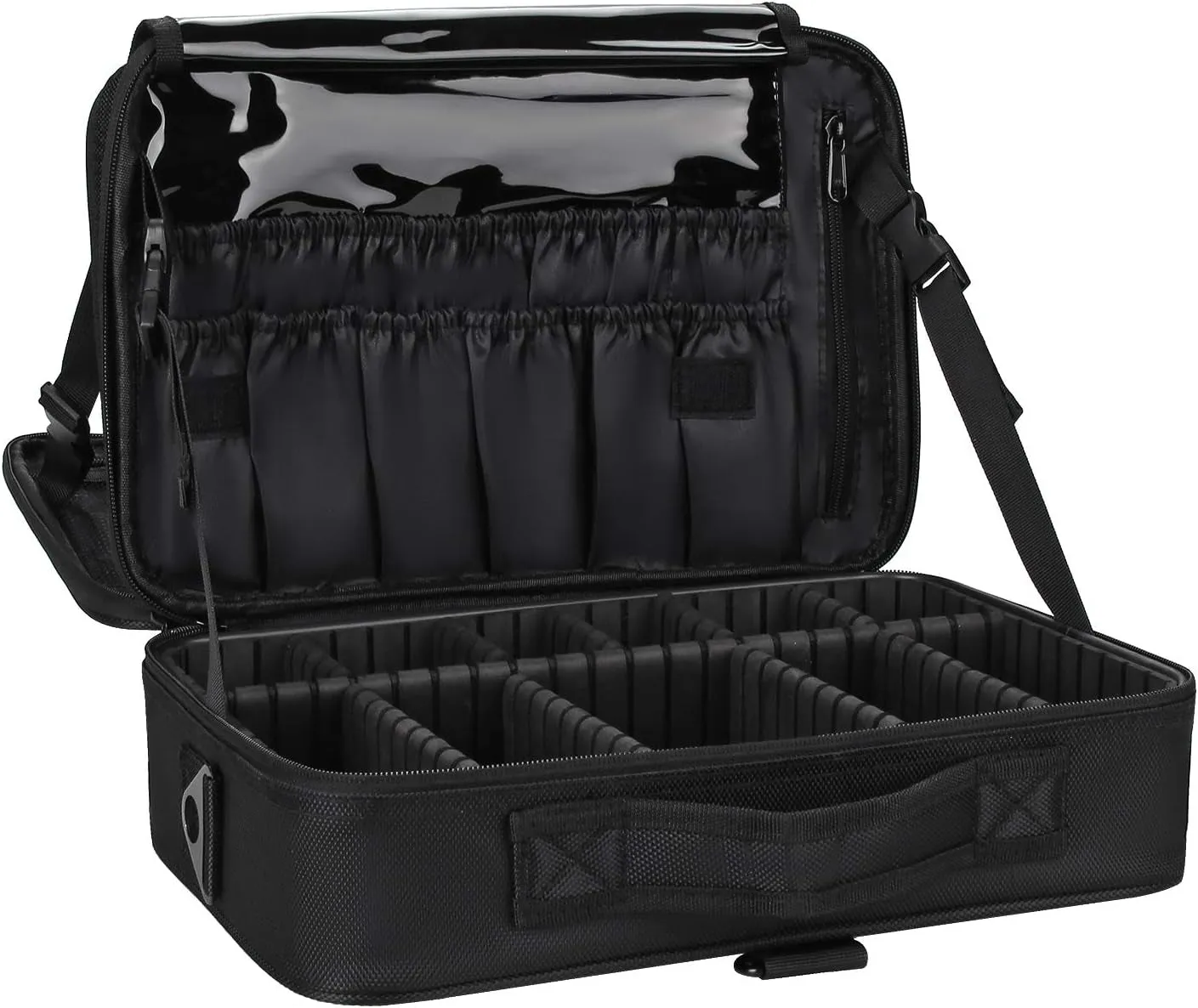 Makeup Case Large Makeup Bag Professional Train Case 16.5 Inches Travel Cosmetic Organizer Brush Holder Waterproof Makeup Artist Storage Box, 3 Layer Large Capacity, with Adjustable Strap