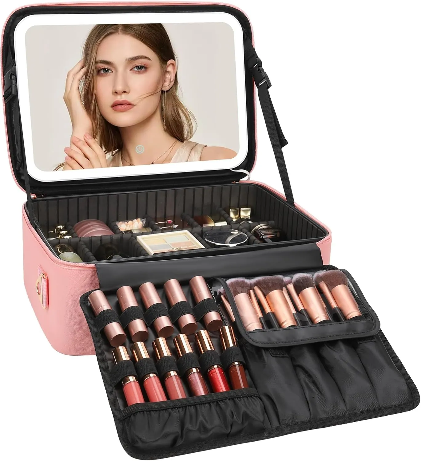 Makeup Case Large Makeup Bag Professional Train Case 16.5 Inches Travel Cosmetic Organizer Brush Holder Waterproof Makeup Artist Storage Box, 3 Layer Large Capacity, with Adjustable Strap