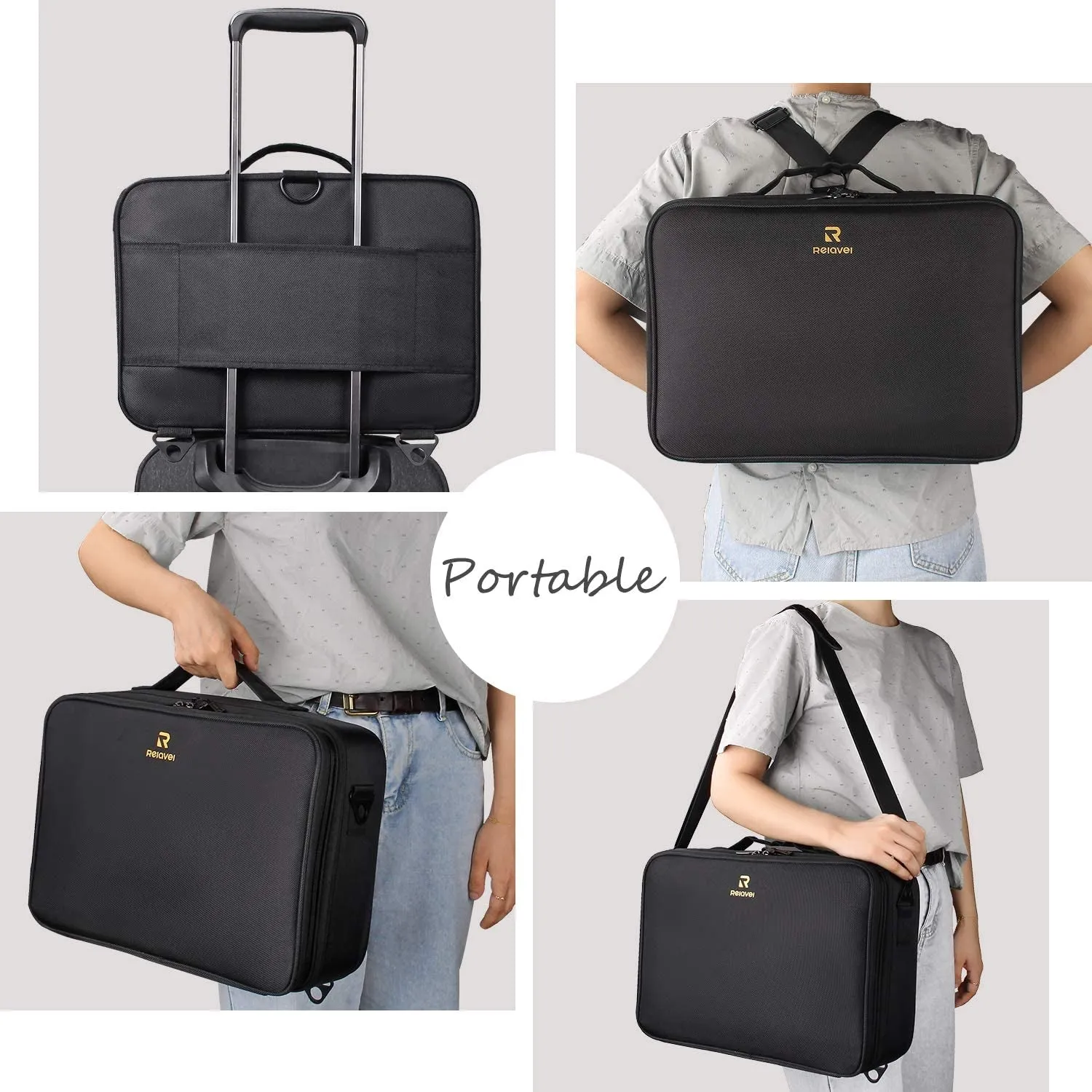 Makeup Case Large Makeup Bag Professional Train Case 16.5 Inches Travel Cosmetic Organizer Brush Holder Waterproof Makeup Artist Storage Box, 3 Layer Large Capacity, with Adjustable Strap