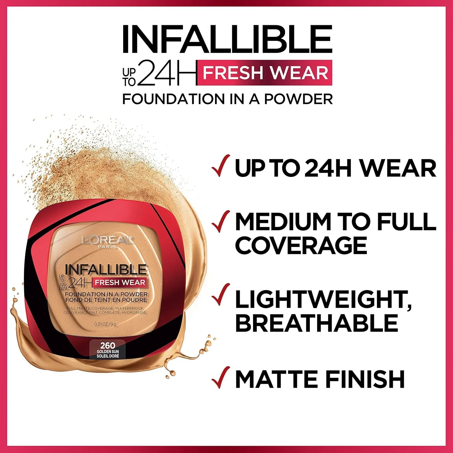 Makeup Infallible Fresh Wear Foundation in a Powder, up to 24H Wear, Waterproof, Ivory Buff, 0.31 Oz.