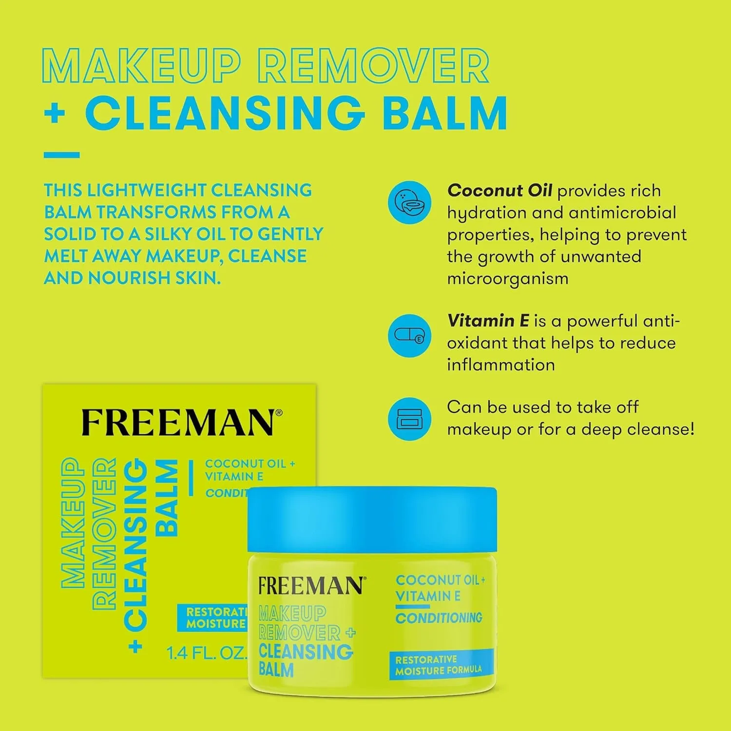 Makeup Remover   Cleansing Balm, Moisturizing & Nourishing Makeup Remover Balm, Coconut Oil & Vitamin E, Gently Removes Tough Makeup & Cleanses, 1.4 Fl.Oz./ 42 Ml Jar, 1 Count
