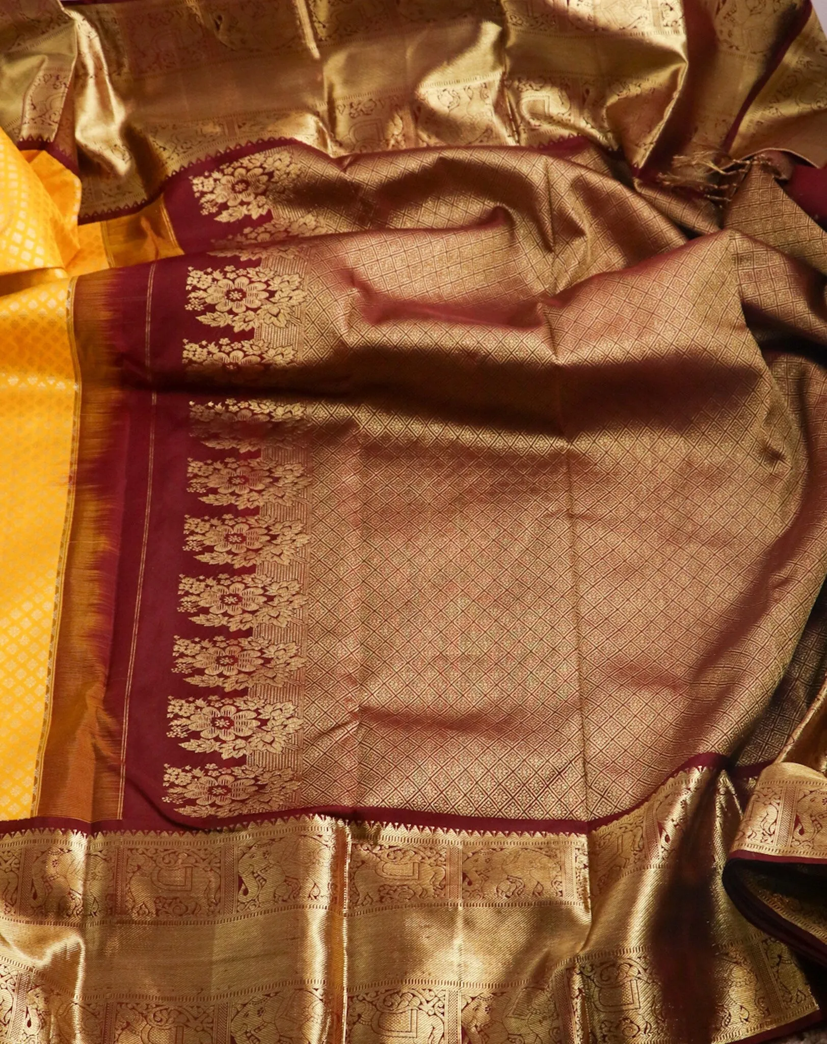 Mango Yellow maroon pattu saree zari Saree handloom saree stitched blouse purple saree pink saree party wear saree silk saree wedding saree