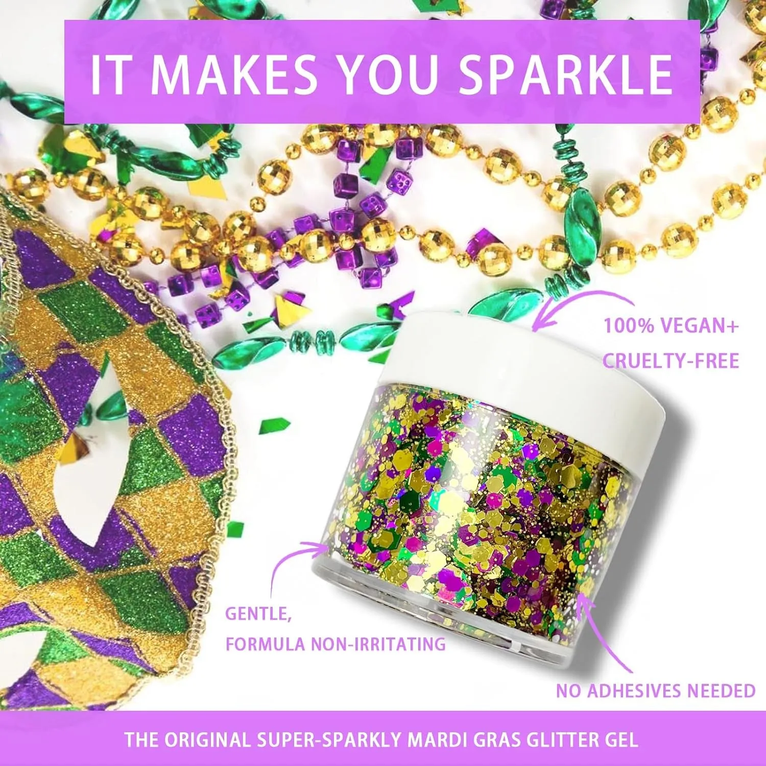 Mardi Gras Glitter Gel for Body, Face, Hair and Lip, Color Changing Glitter Gel under Light (Mardi Gras)