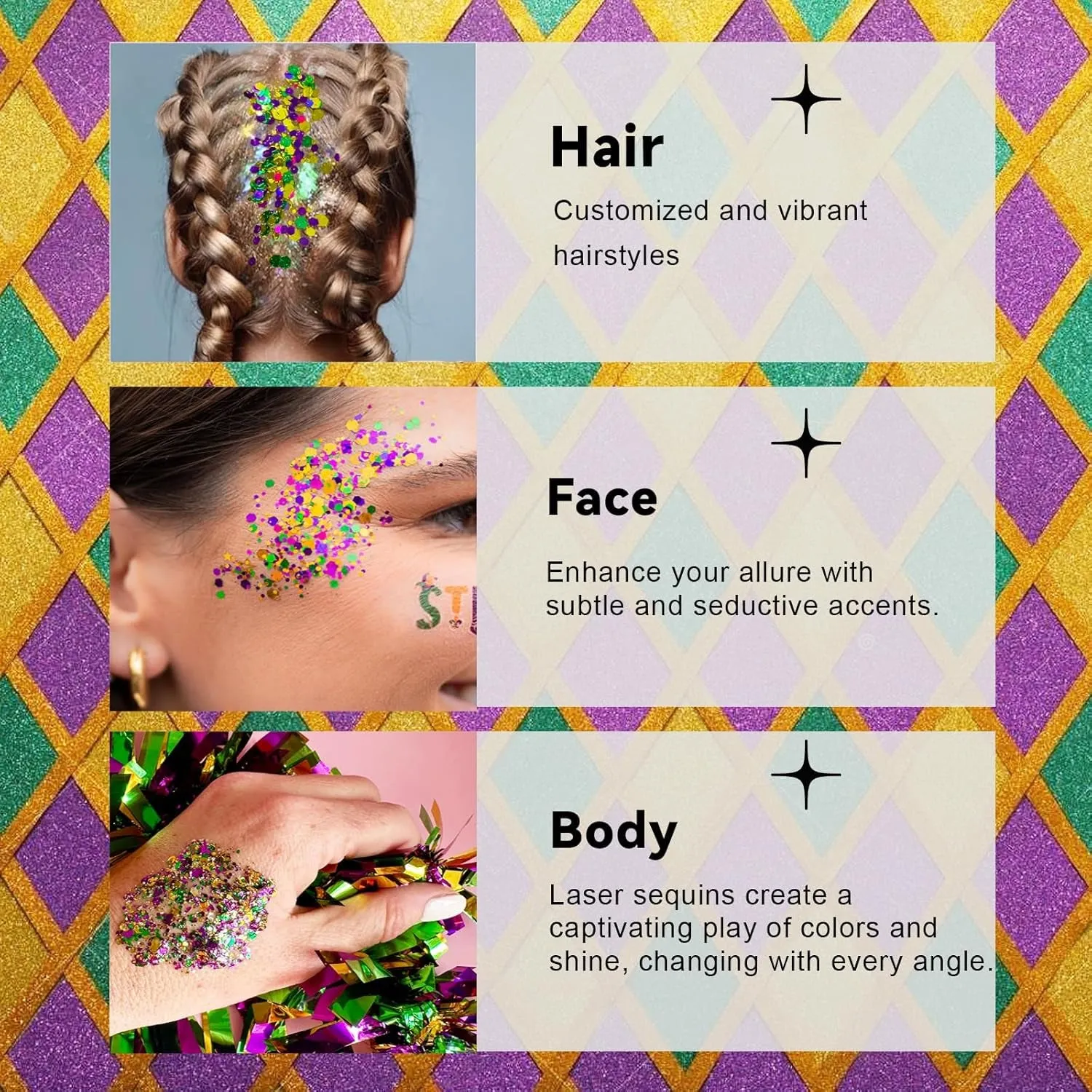 Mardi Gras Glitter Gel for Body, Face, Hair and Lip, Color Changing Glitter Gel under Light (Mardi Gras)