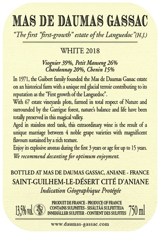 Mas du Domaine Gassac Blanc, Famille Guibert, Haute Valleé du Gassac 2022