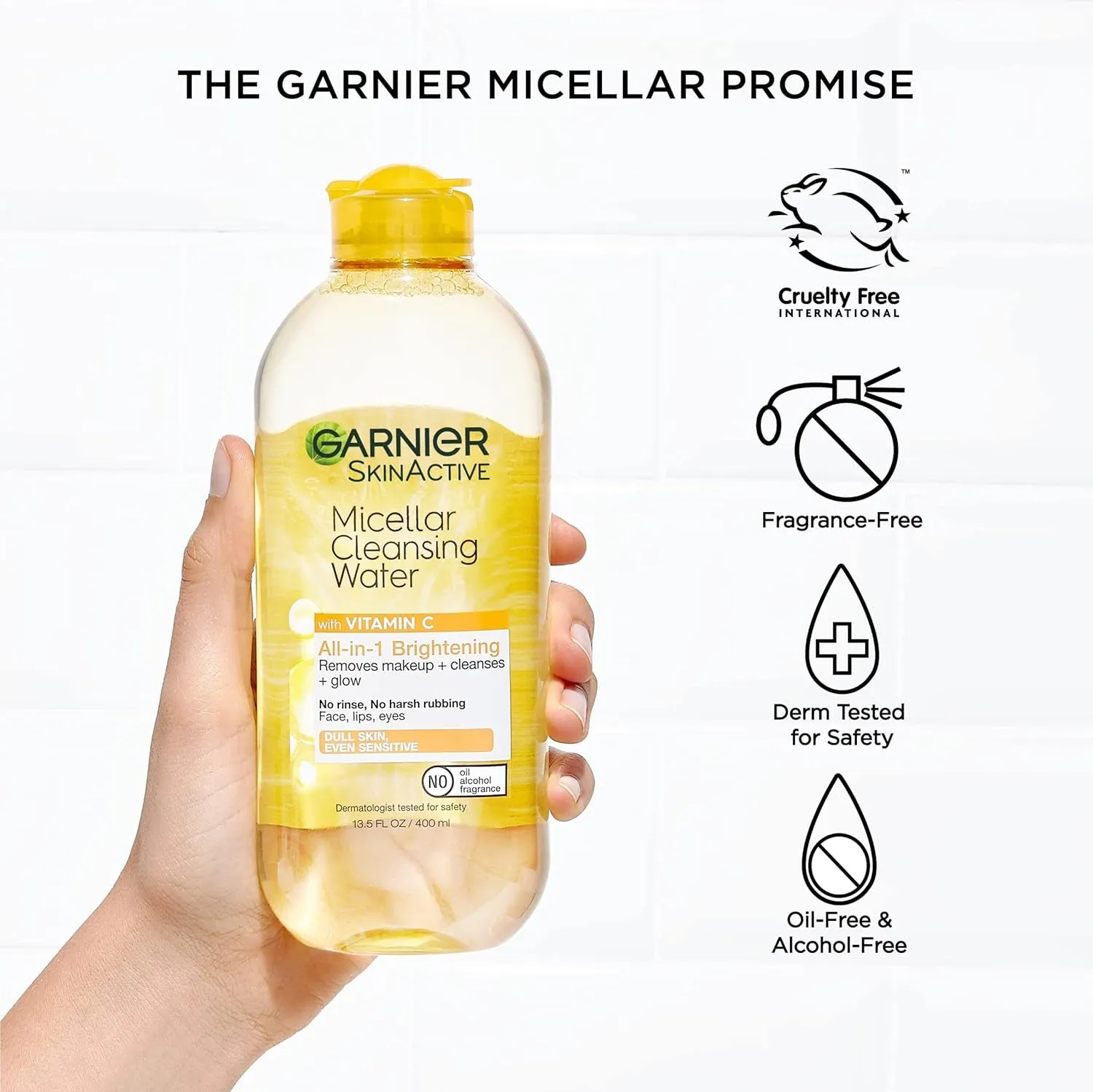 Micellar Water with Vitamin C, Facial Cleanser & Makeup Remover, Brightening & Hydrating, for All Skin Types, Vegan, Cruelty Free, 13.5 Fl Oz (400Ml), 1 Count