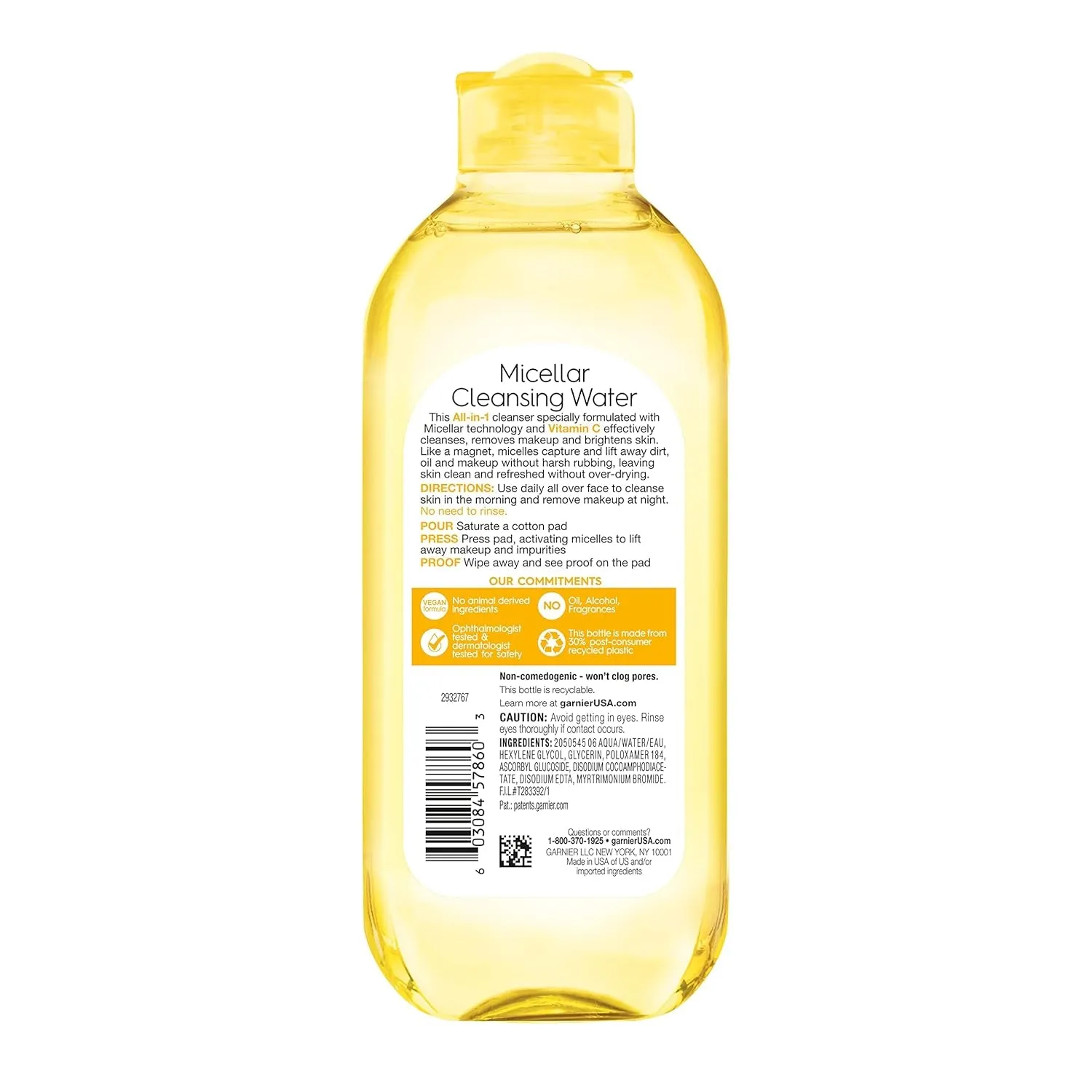 Micellar Water with Vitamin C, Facial Cleanser & Makeup Remover, Brightening & Hydrating, for All Skin Types, Vegan, Cruelty Free, 13.5 Fl Oz (400Ml), 1 Count