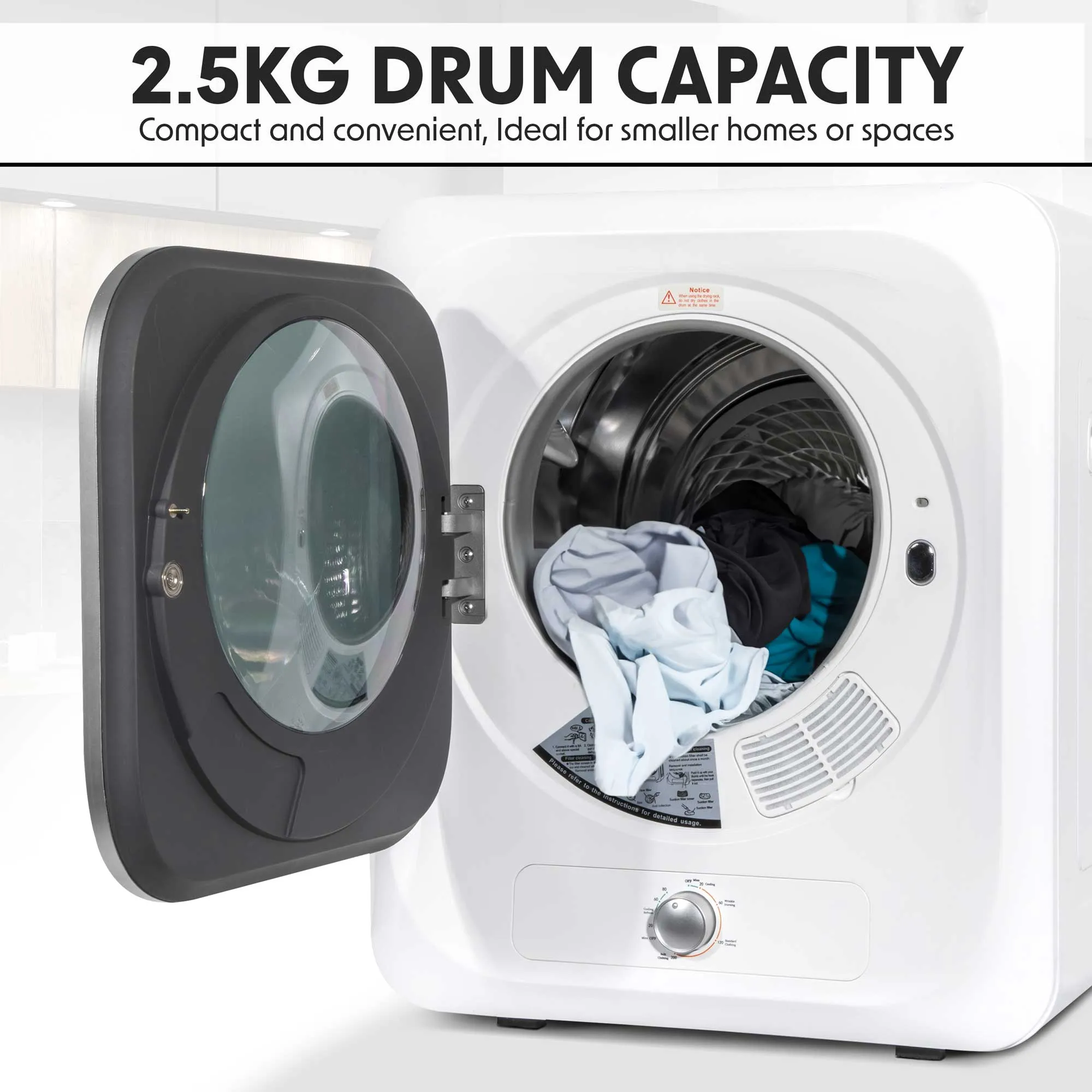 Mini Tabletop Tumble Dryer, Counter Top Vented Dryer, 2.5kg capactity, includes wall mounted brackets, fully portable - DH192