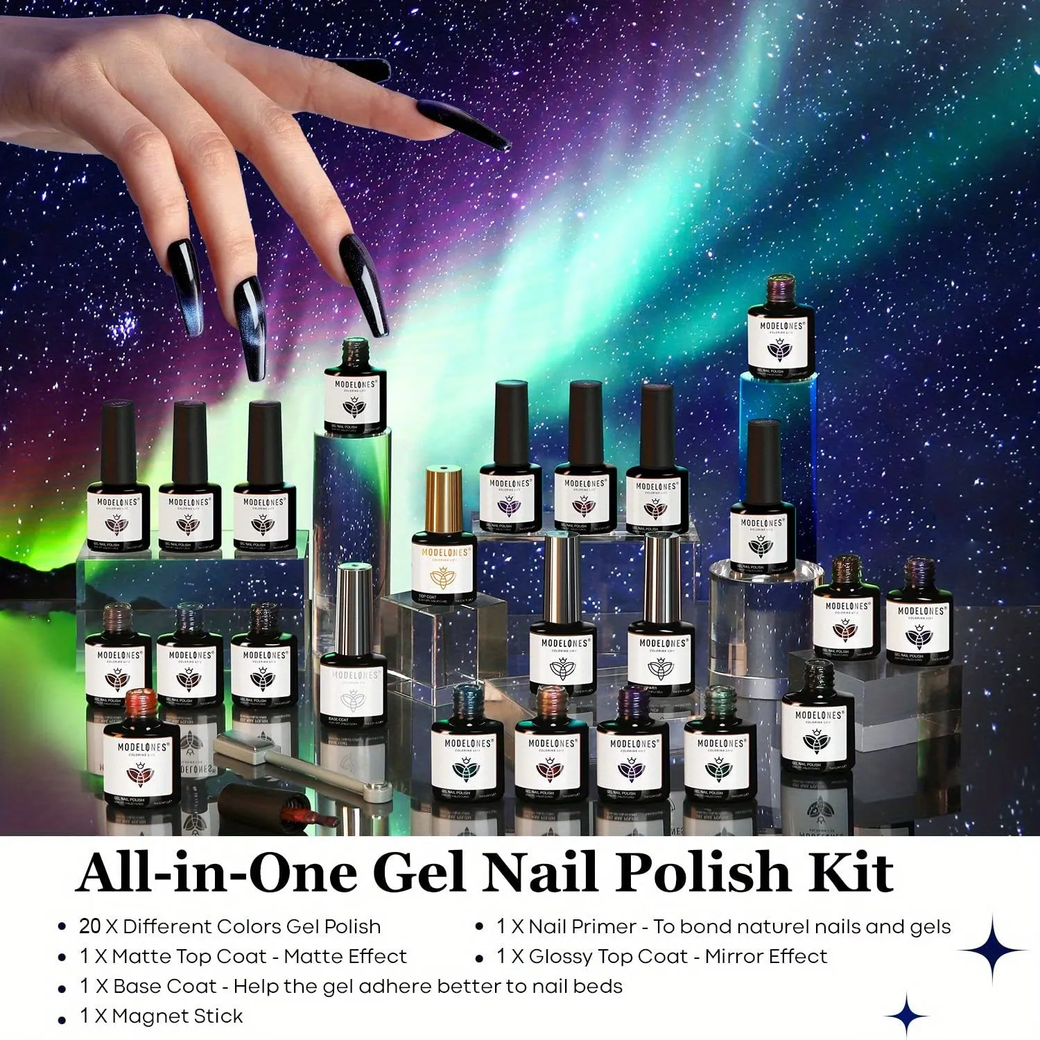 Modelones 25-Piece Gel Nail Polish Kit – Cat Eye Glitter & Color Changing Set