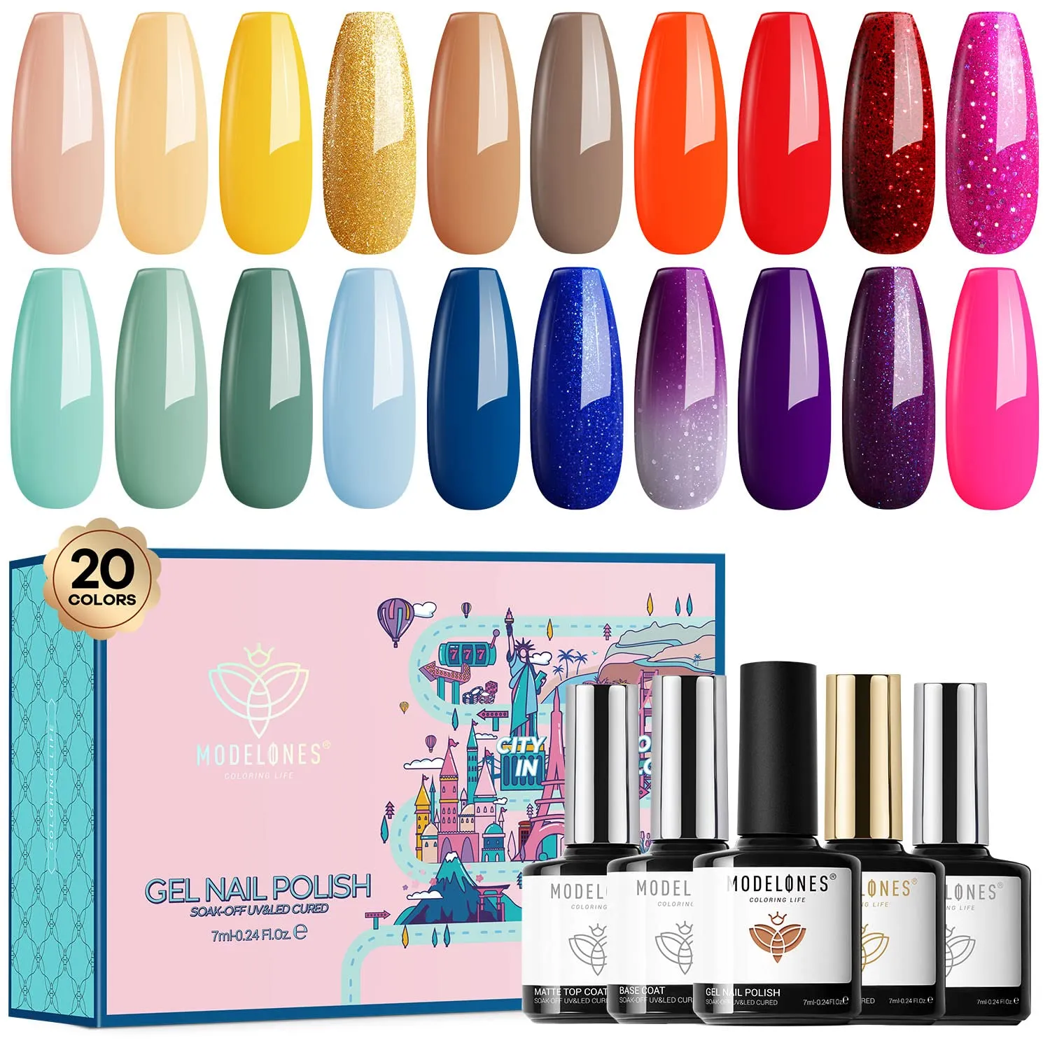 Modelones 25Pcs Gel Nail Polish Kit, Galactic Effect Cat Eye Glitter Color Chang Gel Polish Set with Primer Glossy&Matte Top Base Coat Magnet Stick Manicure Aurora Nail Art Design Christmas Gifts