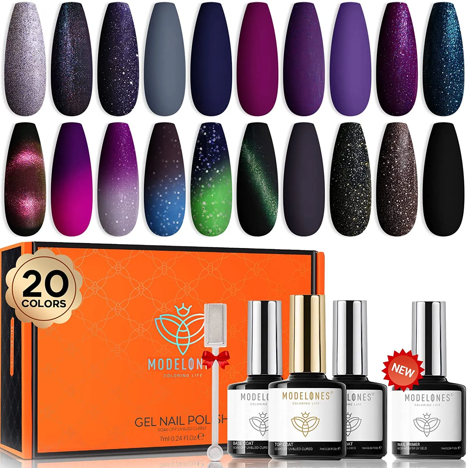 Modelones 25Pcs Gel Nail Polish Kit, Galactic Effect Cat Eye Glitter Color Chang Gel Polish Set with Primer Glossy&Matte Top Base Coat Magnet Stick Manicure Aurora Nail Art Design Christmas Gifts