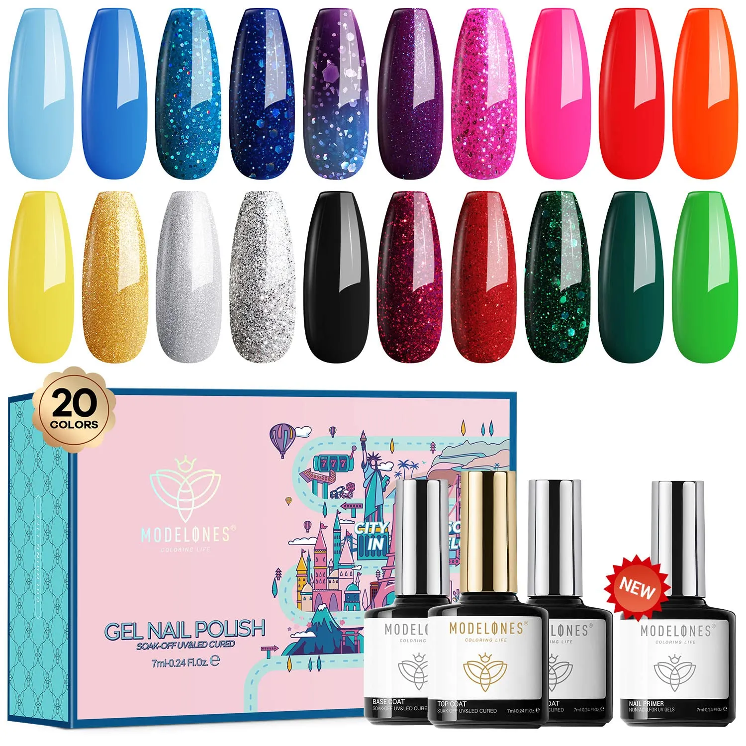 Modelones 25Pcs Gel Nail Polish Kit, Galactic Effect Cat Eye Glitter Color Chang Gel Polish Set with Primer Glossy&Matte Top Base Coat Magnet Stick Manicure Aurora Nail Art Design Christmas Gifts