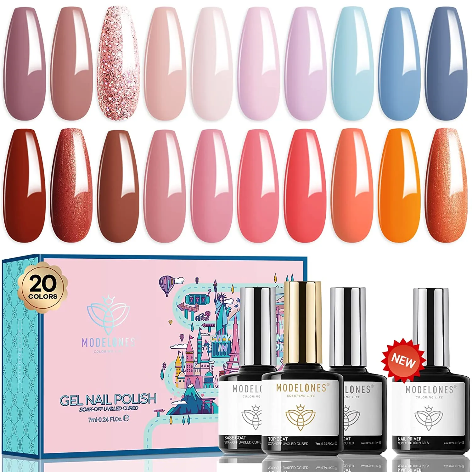 Modelones 25Pcs Gel Nail Polish Kit, Galactic Effect Cat Eye Glitter Color Chang Gel Polish Set with Primer Glossy&Matte Top Base Coat Magnet Stick Manicure Aurora Nail Art Design Christmas Gifts