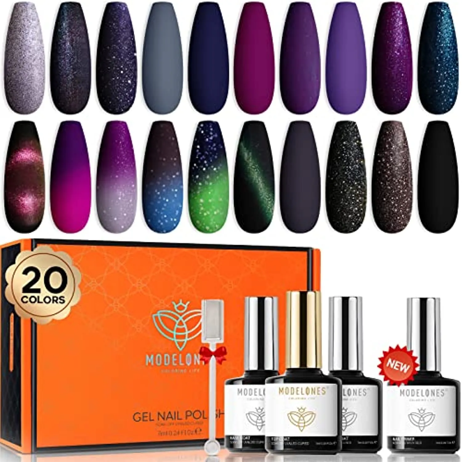 Modelones 25Pcs Gel Nail Polish Kit, Galactic Effect Cat Eye Glitter Color Chang Gel Polish Set with Primer Glossy&Matte Top Base Coat Magnet Stick Manicure Aurora Nail Art Design Christmas Gifts