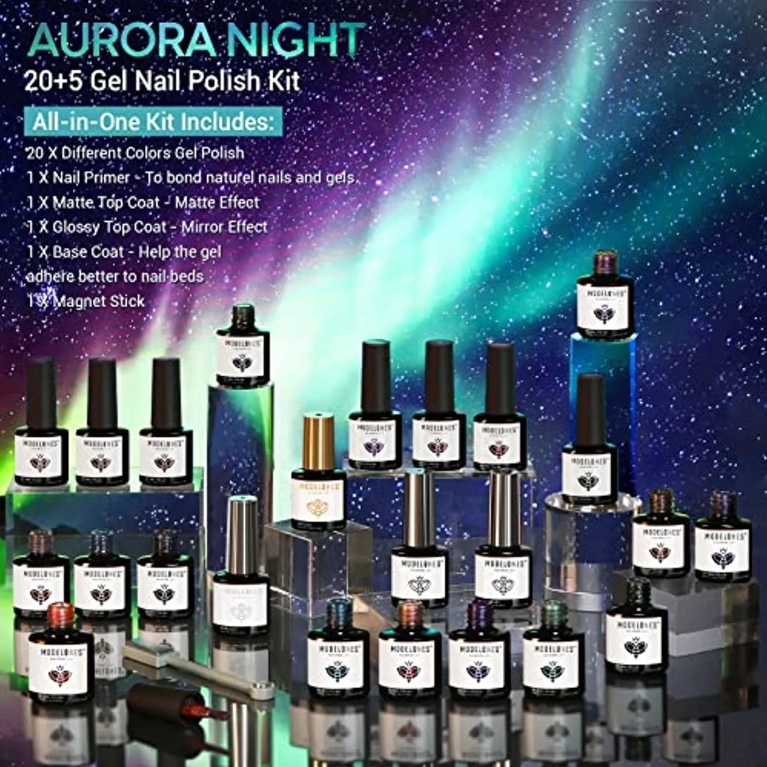 Modelones 25Pcs Gel Nail Polish Kit, Galactic Effect Cat Eye Glitter Color Chang Gel Polish Set with Primer Glossy&Matte Top Base Coat Magnet Stick Manicure Aurora Nail Art Design Christmas Gifts