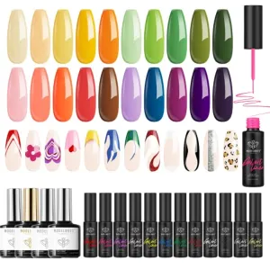 Modelones Gel Liner Nail Art Set-12 Gel Art Paint and 24 Pcs Bright Spring Summer Gel Nail Polish Kit, 20 Colors Soak Off Nail Gel Polish with Primer Glossy & Matte Top Coat Base Coat