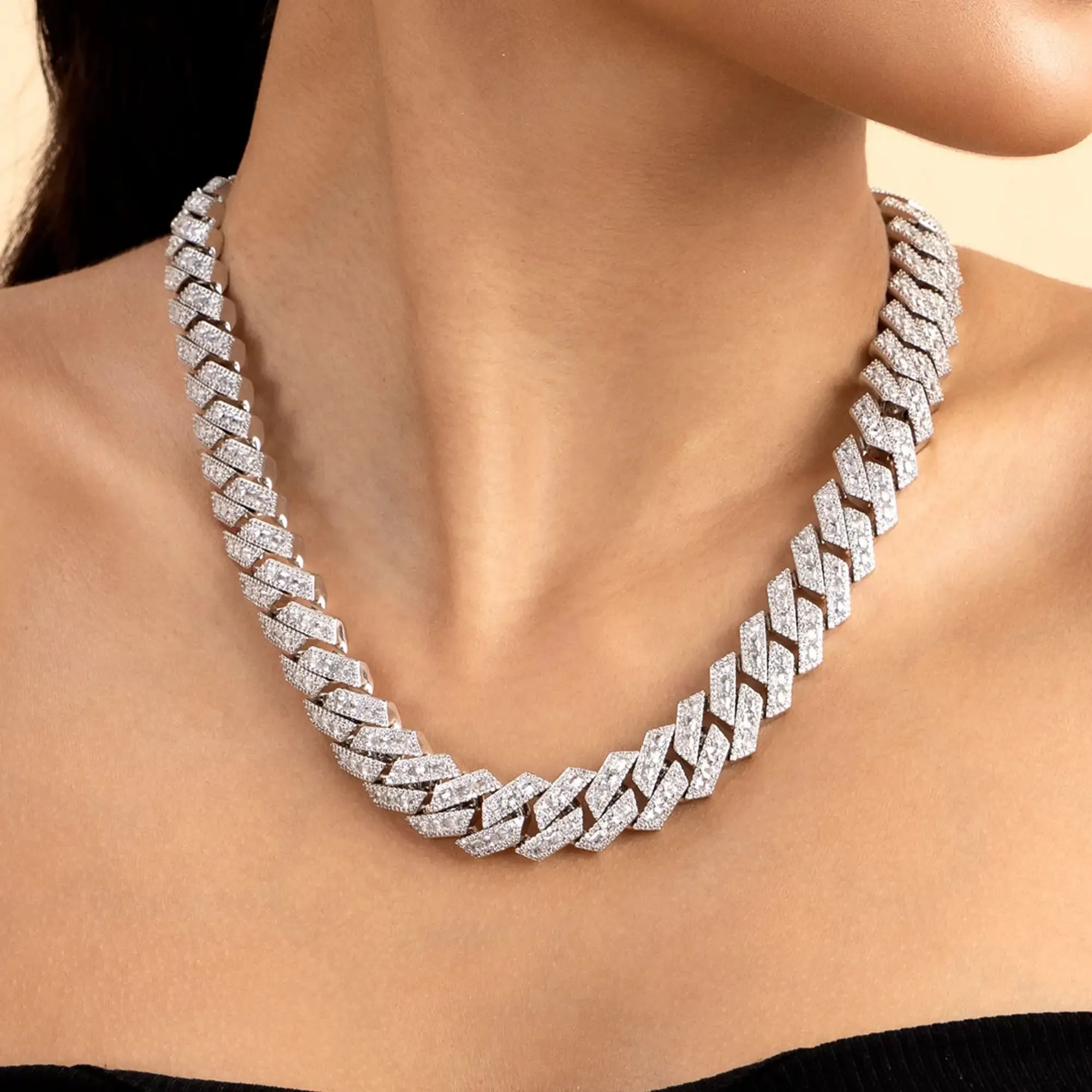 Moissanite Halo Emerald Cut Prong Cuban Link Chain