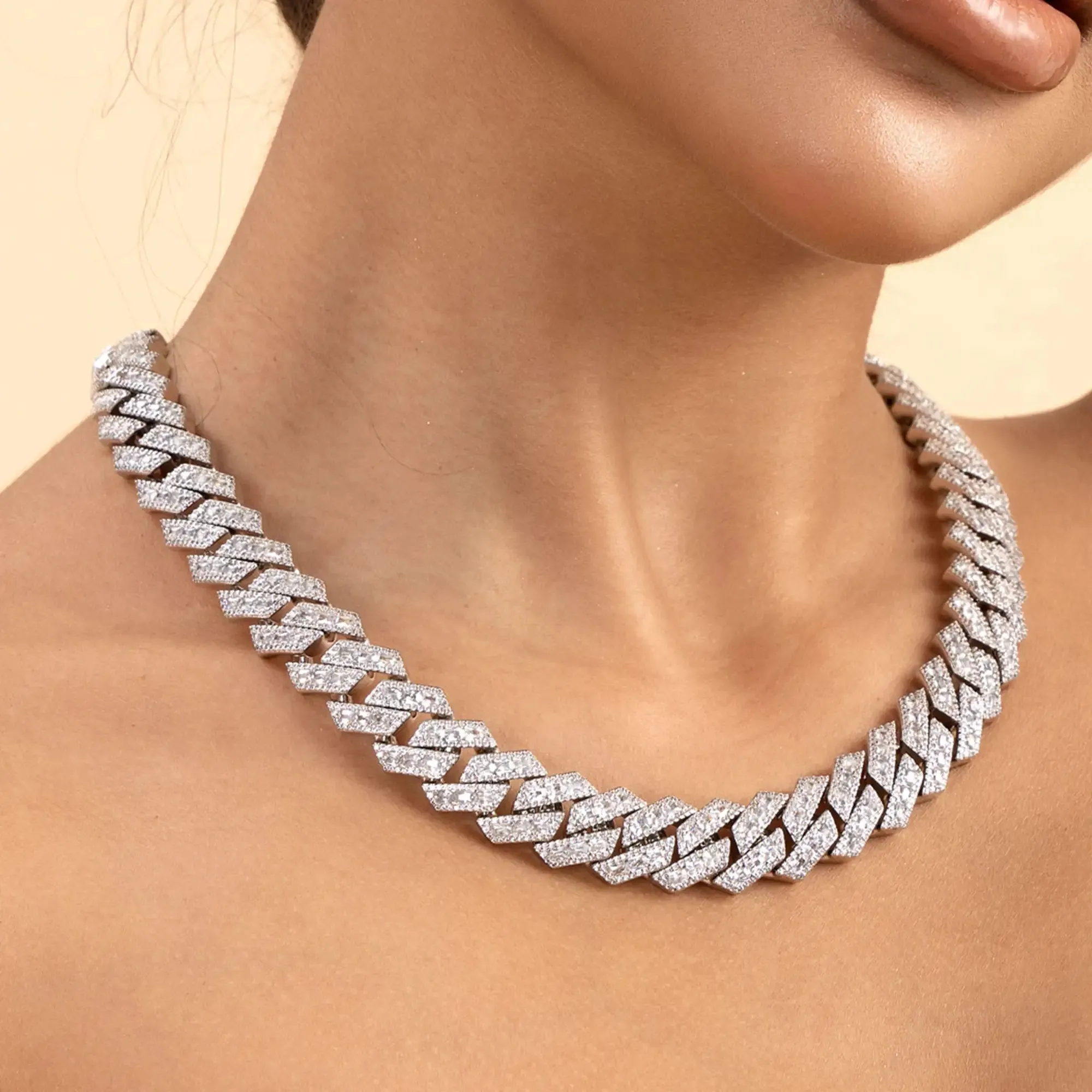 Moissanite Halo Emerald Cut Prong Cuban Link Chain