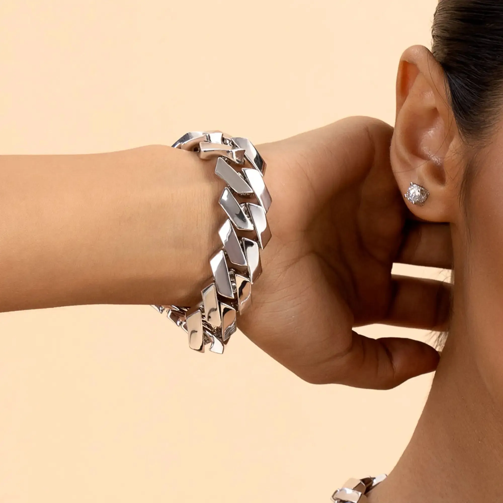 Moissanite Plain Gold Prong Cuban Link Bracelet - 19mm