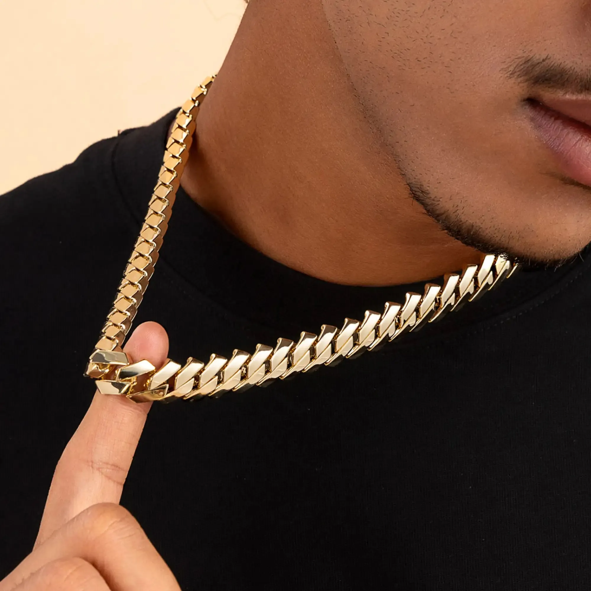 Moissanite Plain Gold Prong Cuban Link Chain - 15mm