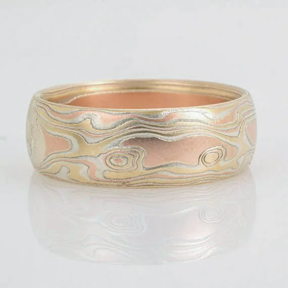Mokume Gane Ring or Wedding Band in Woodgrain Pattern and Fire Palette