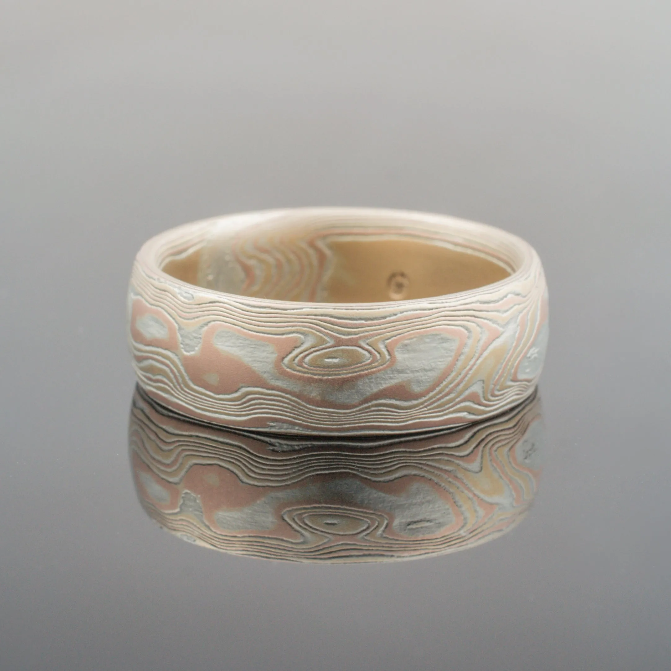 Mokume Gane Ring or Wedding Band in Woodgrain Pattern and Fire Palette