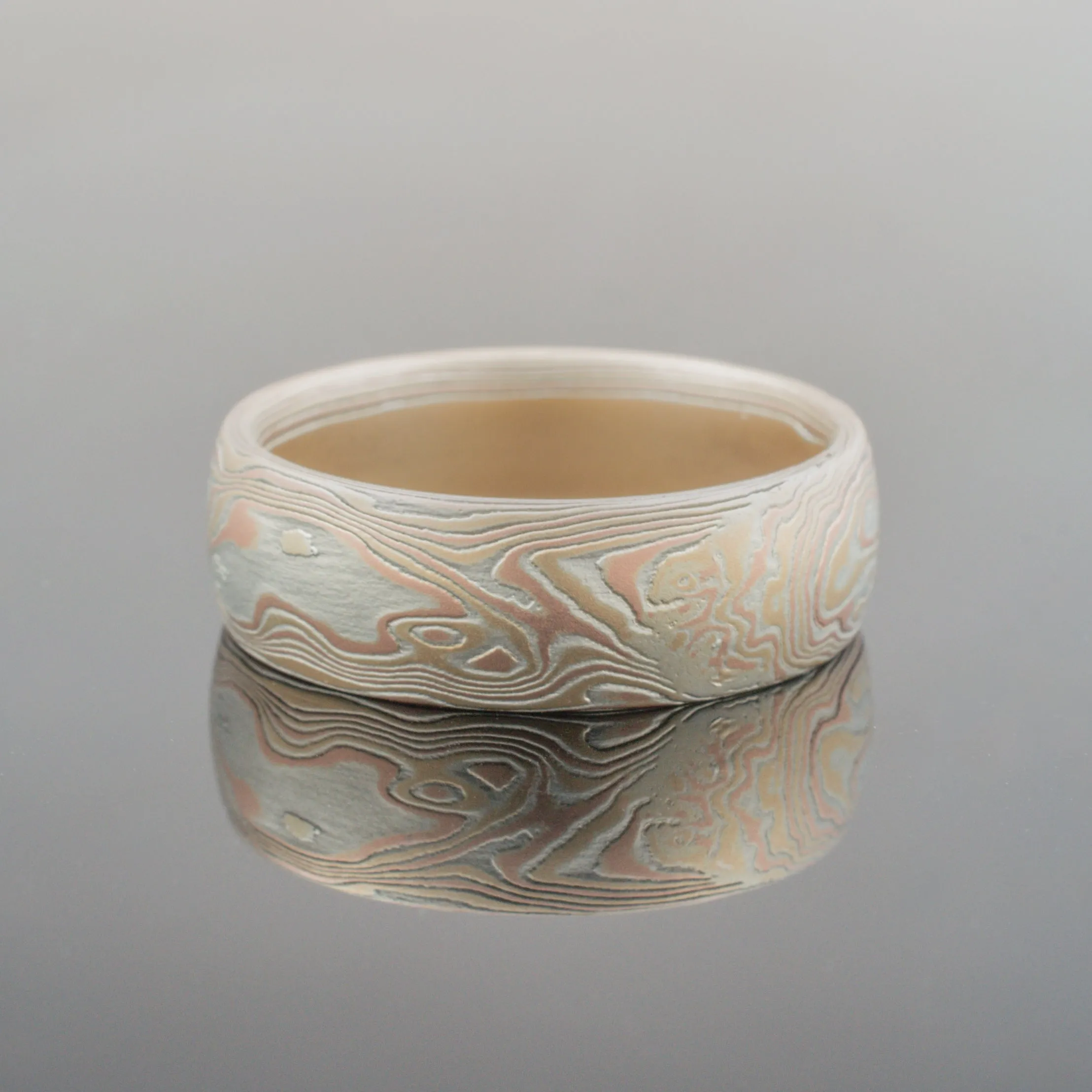 Mokume Gane Ring or Wedding Band in Woodgrain Pattern and Fire Palette