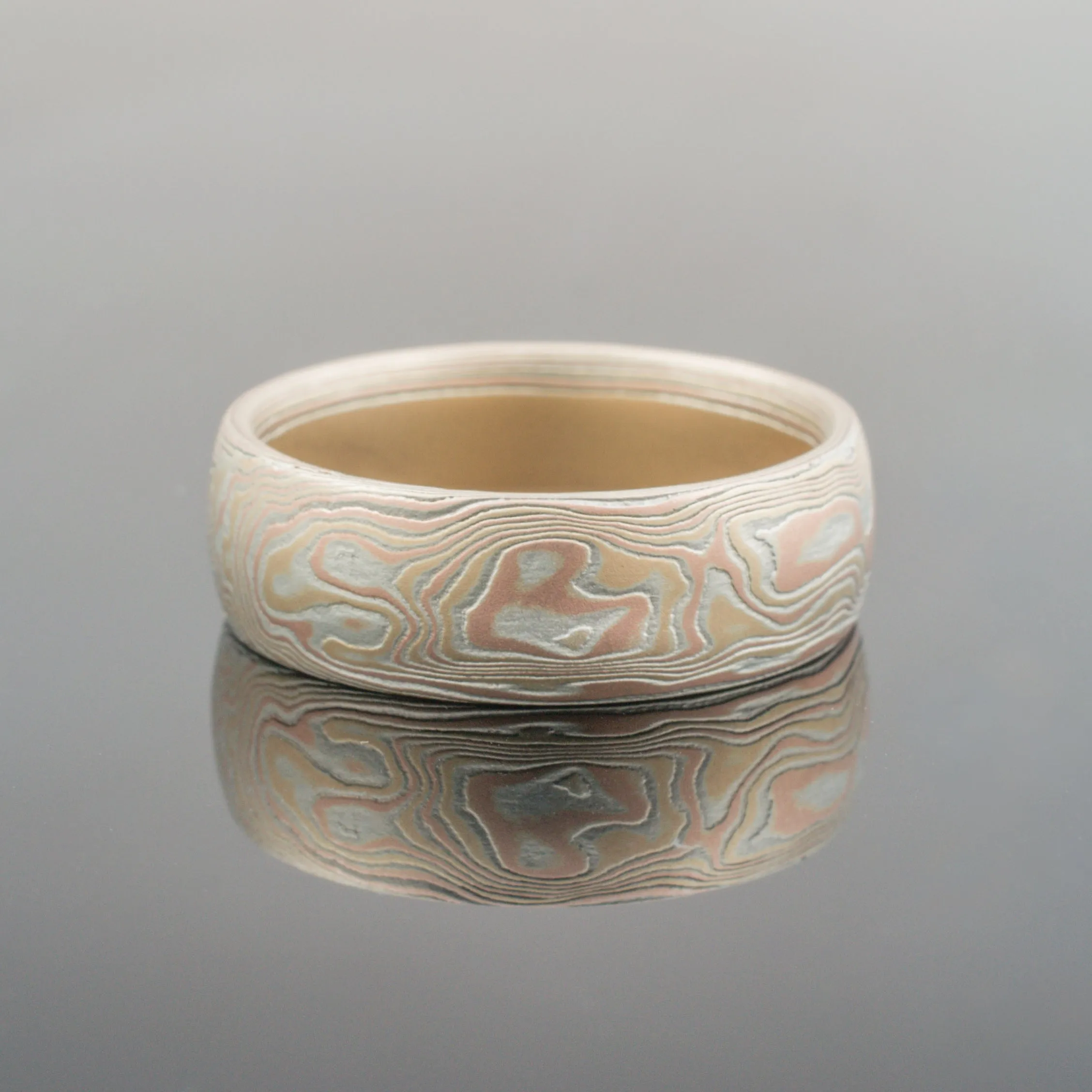 Mokume Gane Ring or Wedding Band in Woodgrain Pattern and Fire Palette