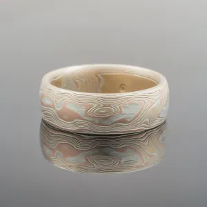 Mokume Gane Ring or Wedding Band in Woodgrain Pattern and Fire Palette