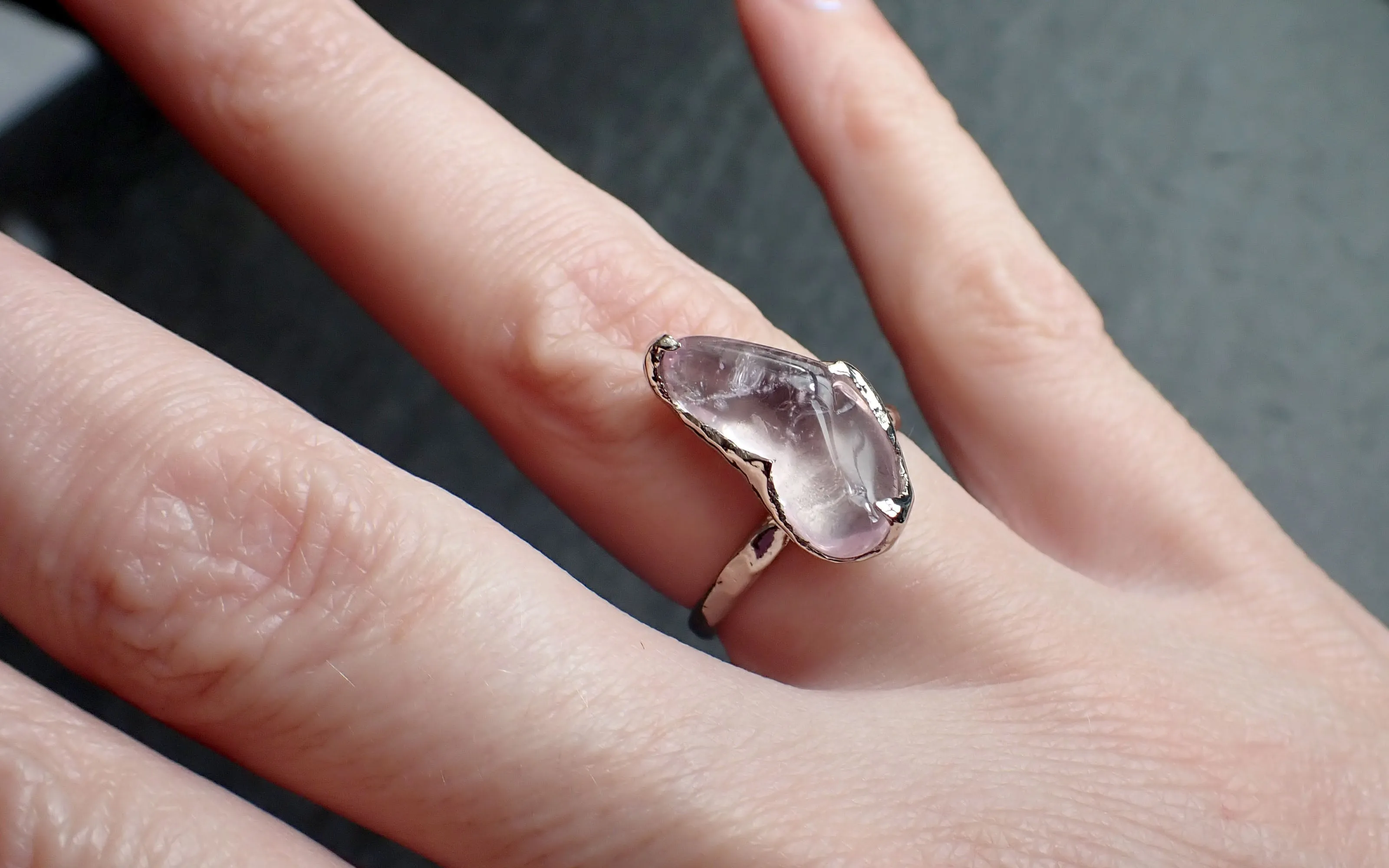 Morganite tumbled White 14k gold Solitaire gemstone ring 2746