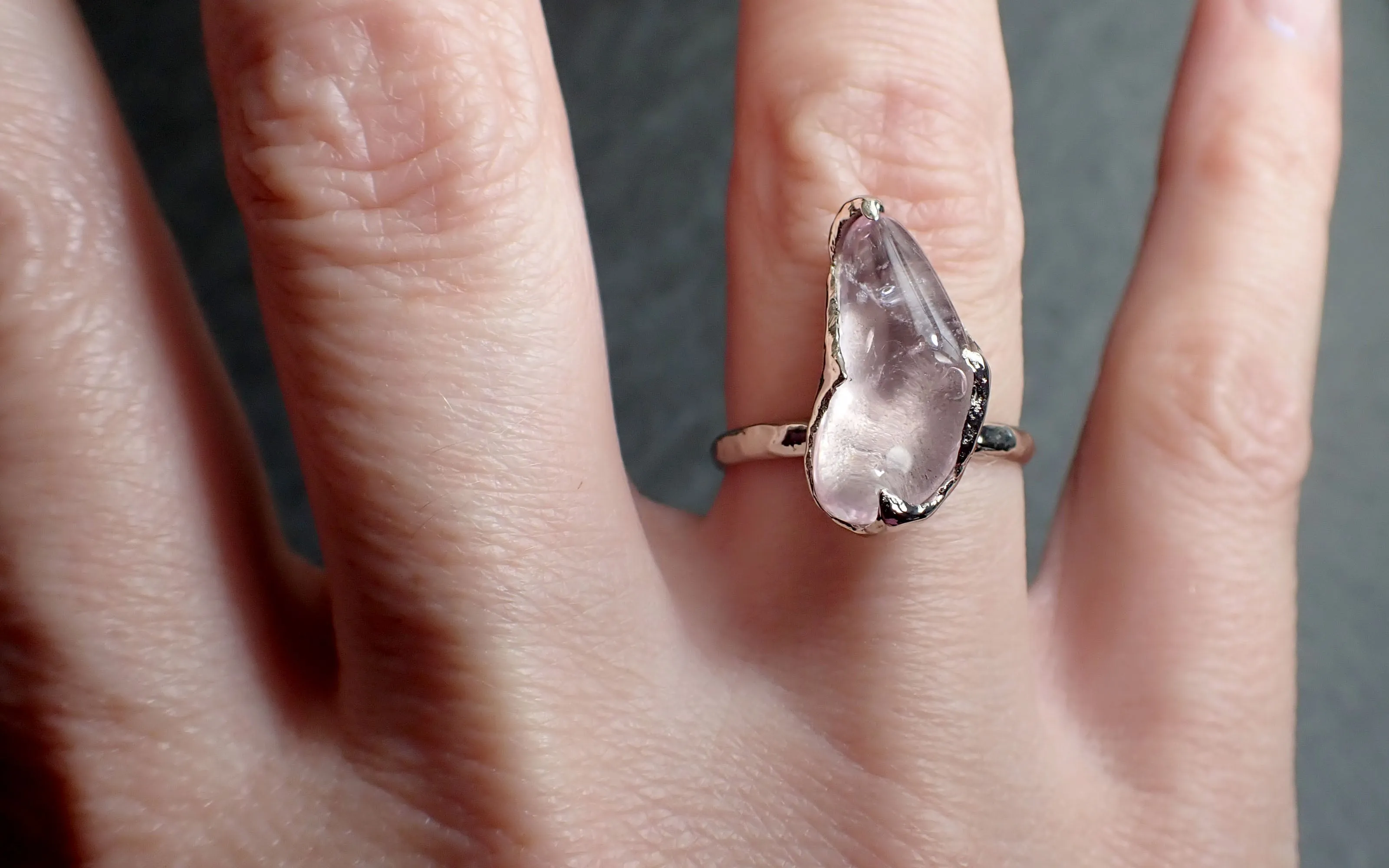 Morganite tumbled White 14k gold Solitaire gemstone ring 2746