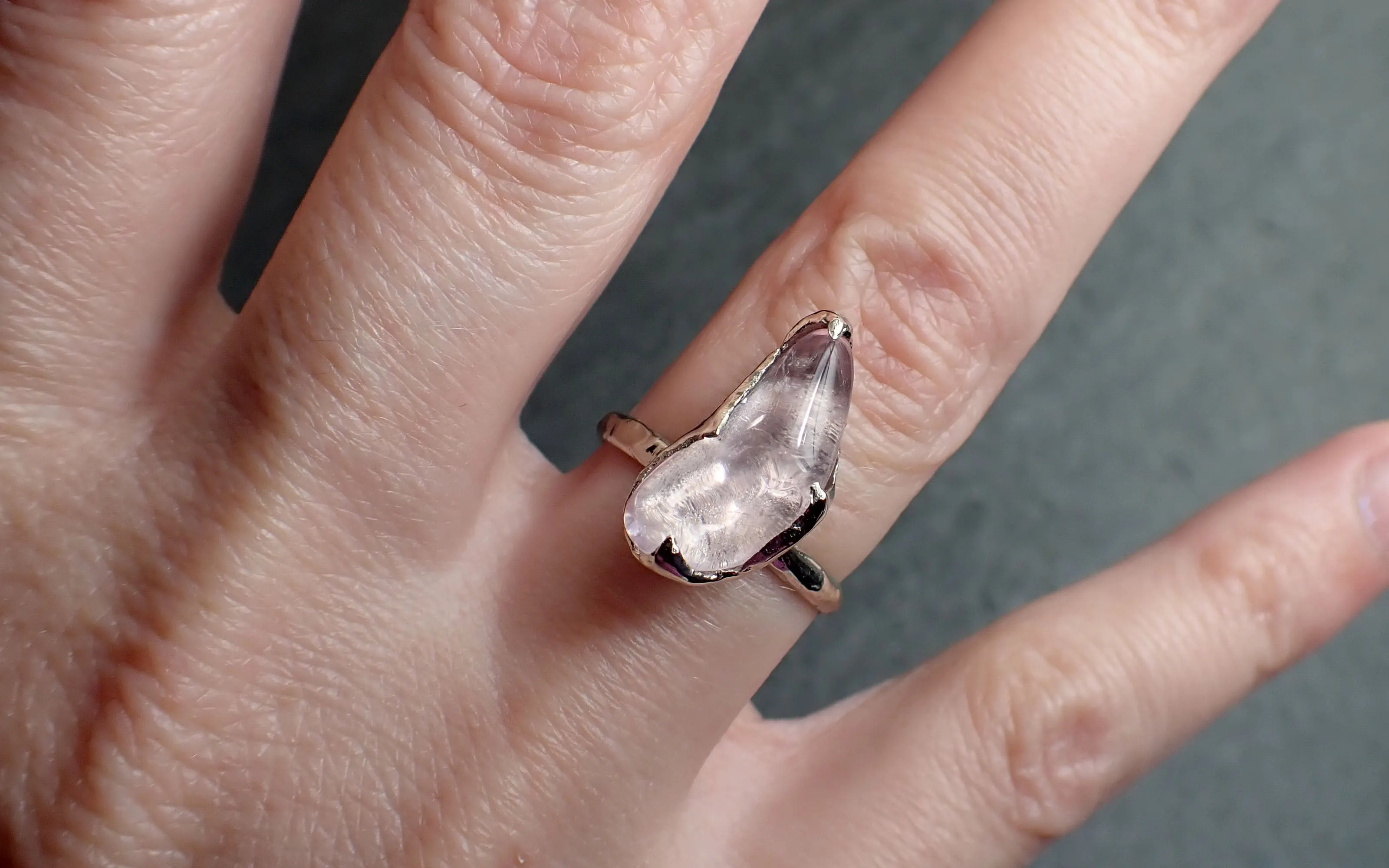 Morganite tumbled White 14k gold Solitaire gemstone ring 2746