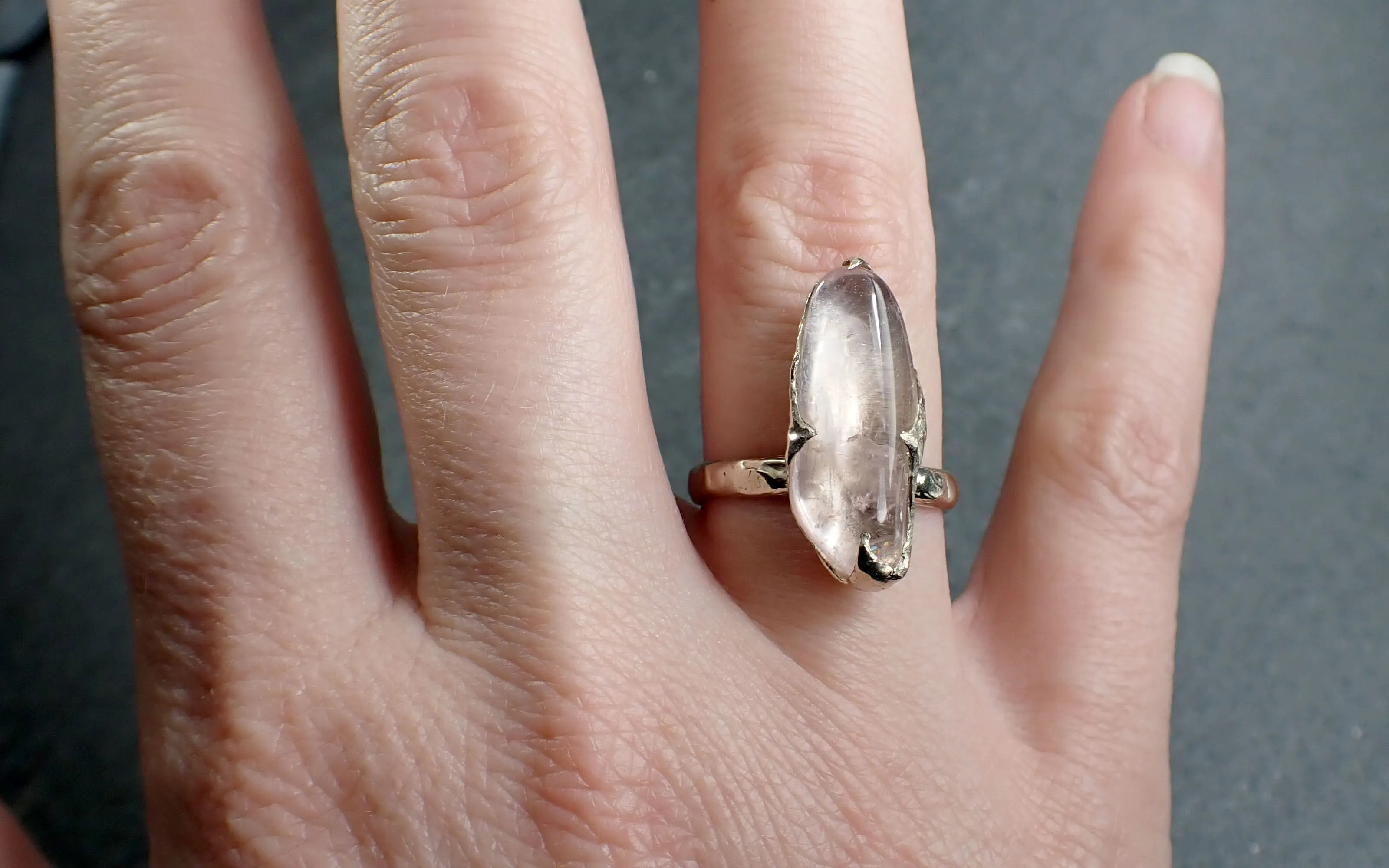Morganite tumbled White 14k gold Solitaire gemstone ring 2820