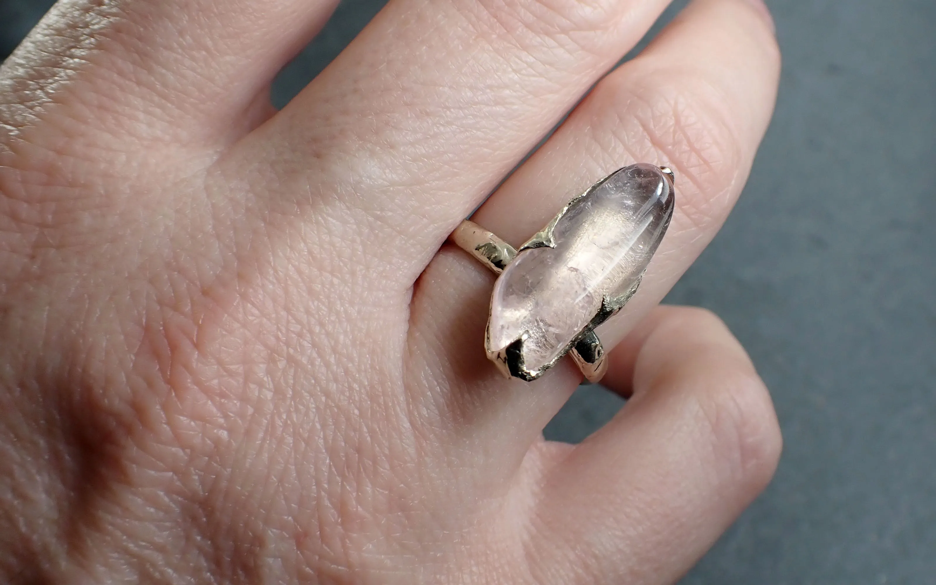 Morganite tumbled White 14k gold Solitaire gemstone ring 2820
