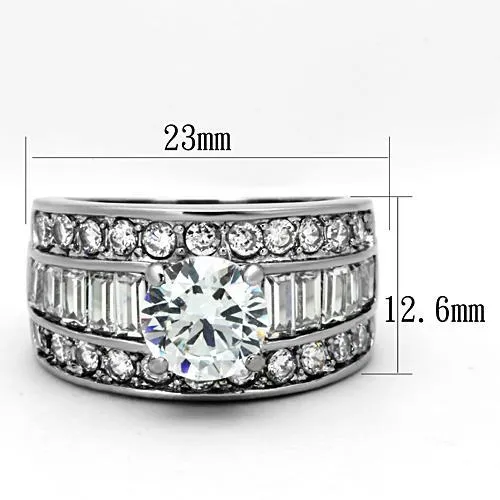 MT2321 - Stainless Steel Double Eternity Band with Baguettes Adorning 5 carat center Crystal!! April Birthstone