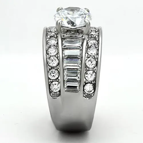 MT2321 - Stainless Steel Double Eternity Band with Baguettes Adorning 5 carat center Crystal!! April Birthstone