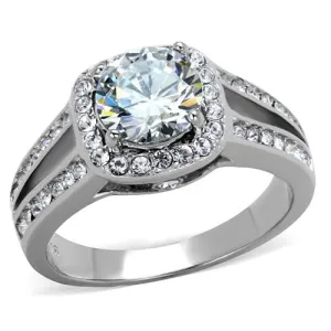 MT3402 - High polished (no plating) Stainless Steel Ring Brilliant  Center Stone with pave Halo Engagement Ring - Most Popular April Birthstone