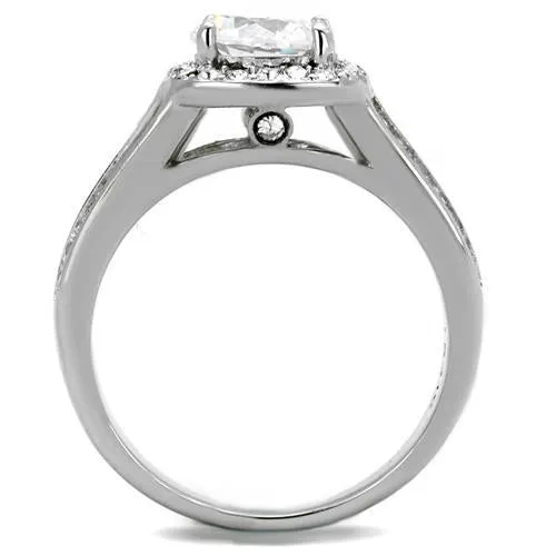 MT3402 - High polished (no plating) Stainless Steel Ring Brilliant  Center Stone with pave Halo Engagement Ring - Most Popular April Birthstone