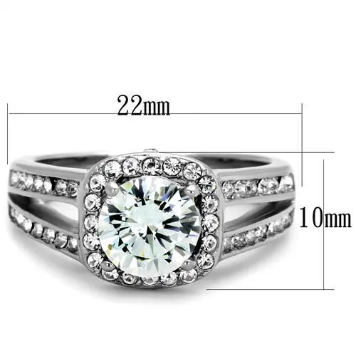 MT3402 - High polished (no plating) Stainless Steel Ring Brilliant  Center Stone with pave Halo Engagement Ring - Most Popular April Birthstone