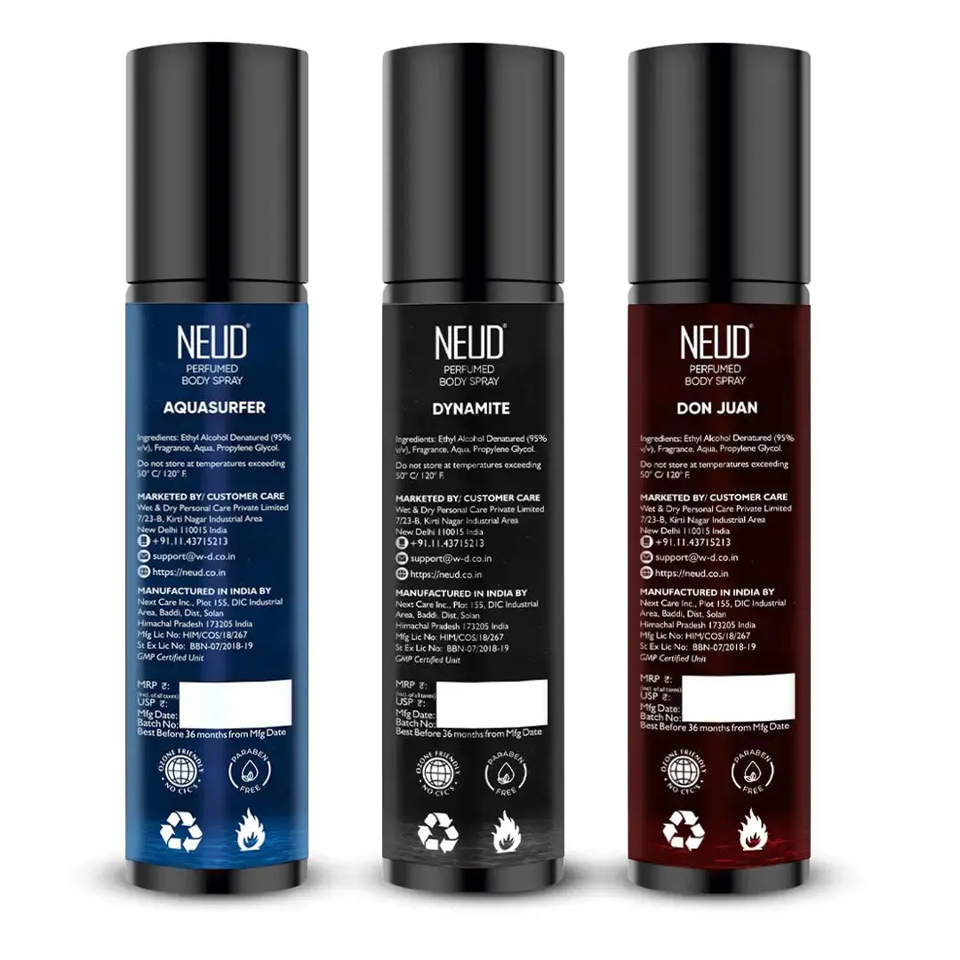 NEUD 3-in-1 Perfumed Body Sprays for Men, Long-Lasting Deodorants, No Gas, No CFC Formula - 3x120ml Each