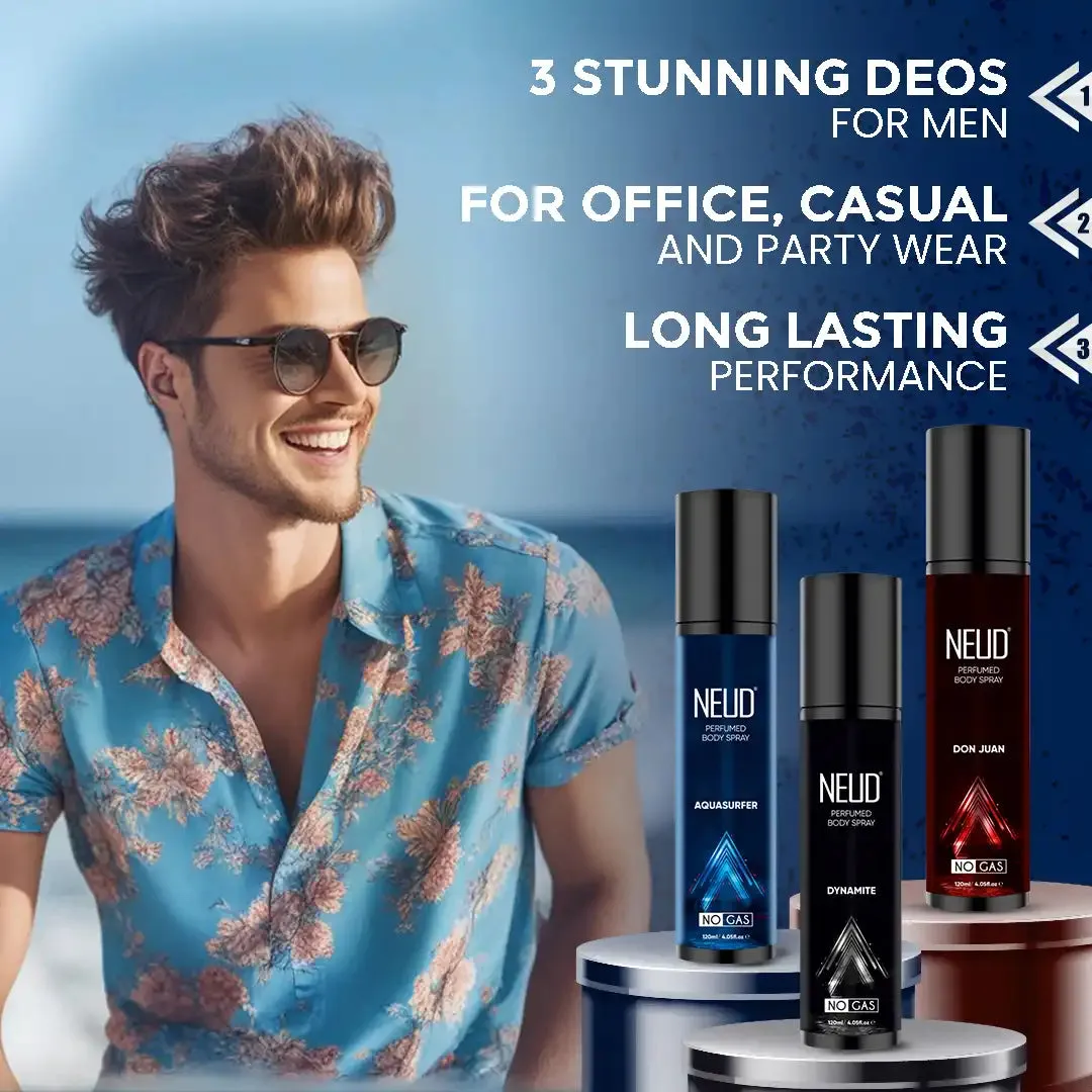 NEUD 3-in-1 Perfumed Body Sprays for Men, Long-Lasting Deodorants, No Gas, No CFC Formula - 3x120ml Each