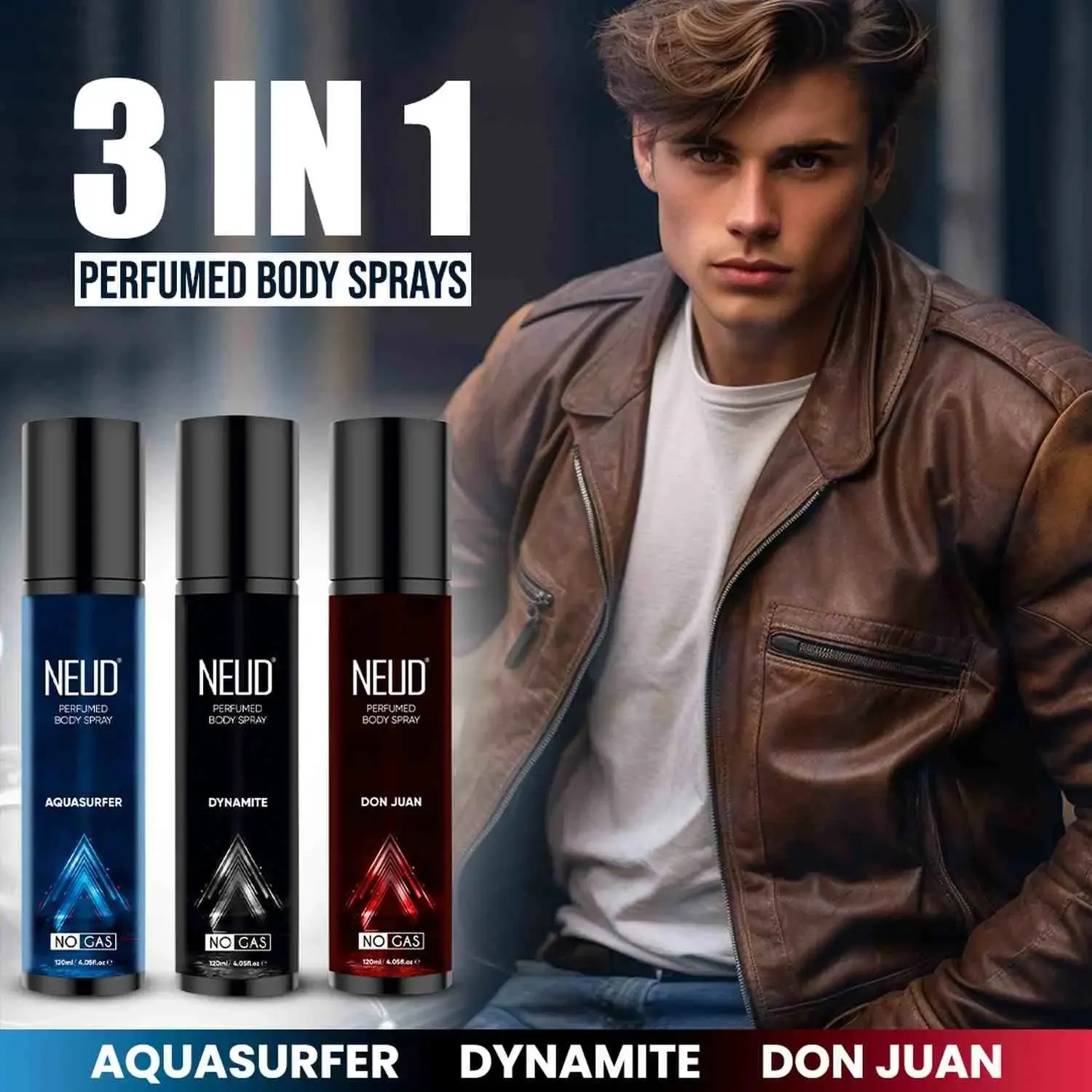 NEUD 3-in-1 Perfumed Body Sprays for Men, Long-Lasting Deodorants, No Gas, No CFC Formula - 3x120ml Each