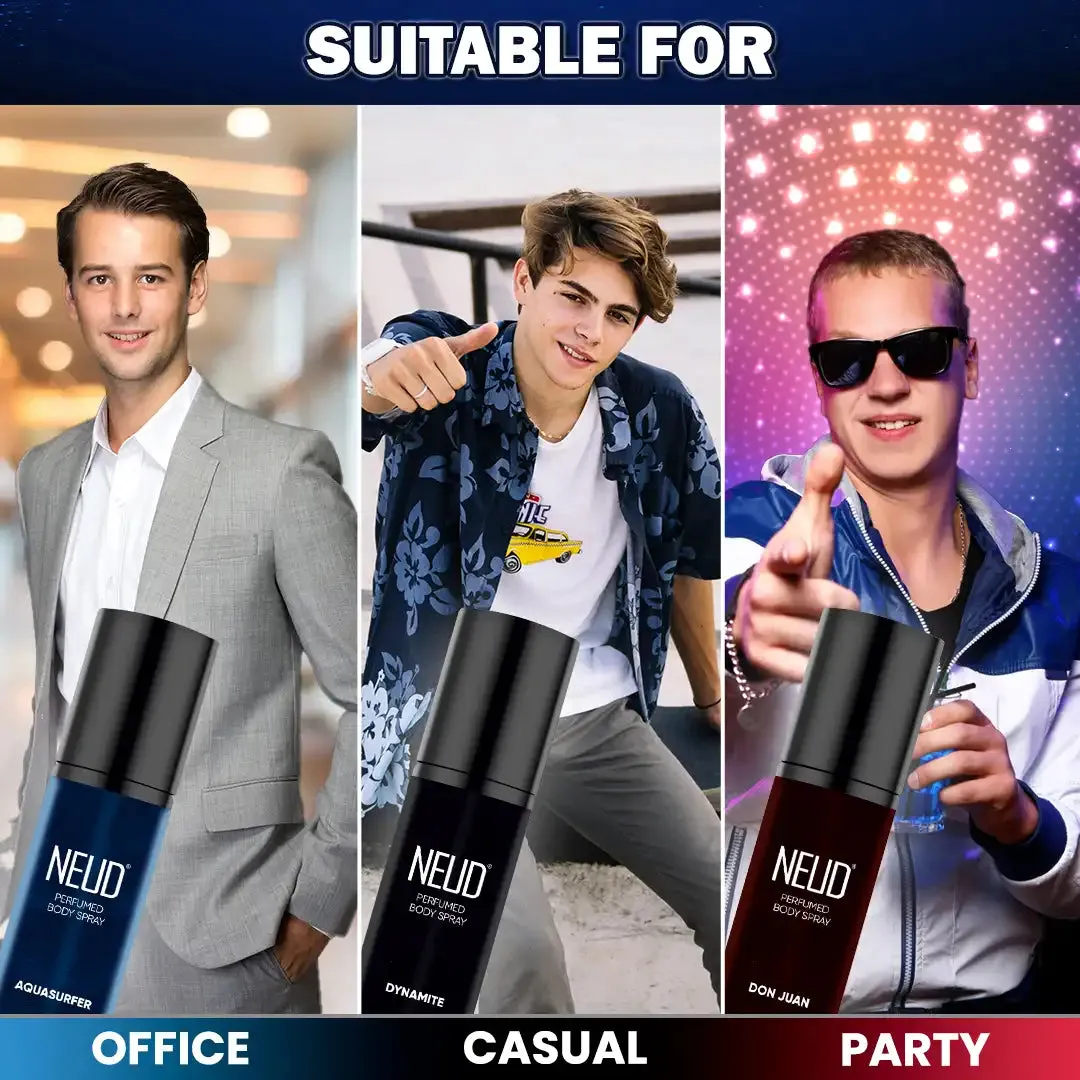 NEUD 3-in-1 Perfumed Body Sprays for Men, Long-Lasting Deodorants, No Gas, No CFC Formula - 3x120ml Each
