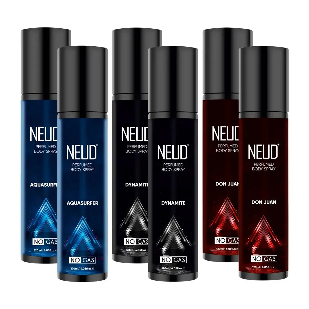 NEUD 3-in-1 Perfumed Body Sprays for Men, Long-Lasting Deodorants, No Gas, No CFC Formula - 3x120ml Each