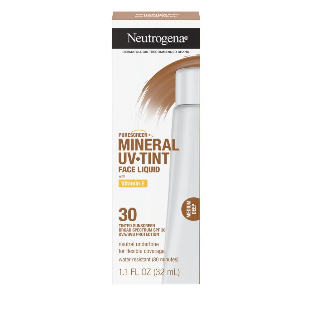 Neutrogena Purescreen  Mineral UV Tint Face Liquid with Vitamin E, Tinted Sunscreen Broad Spectrum SPF 30, Medium Deep