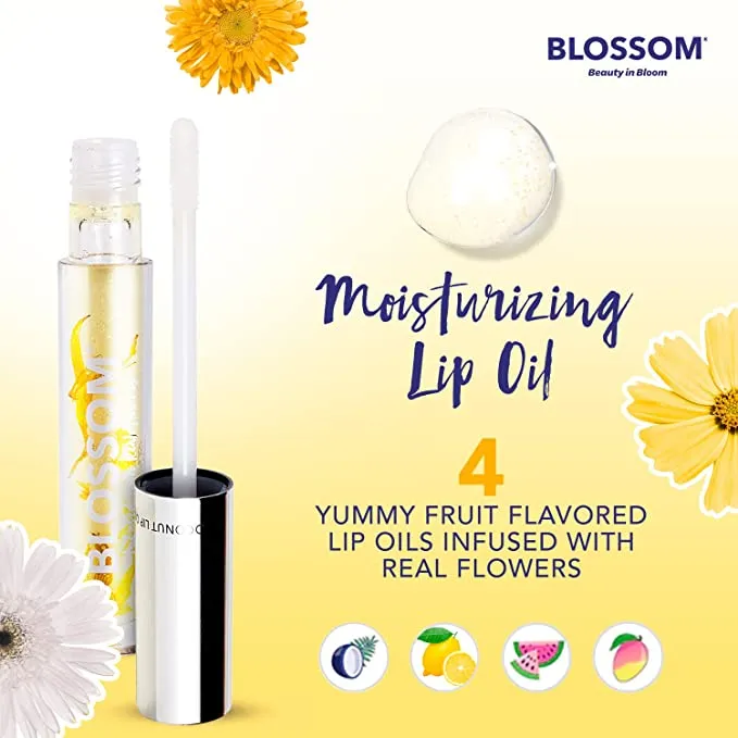 New Blossom Scented Moisturizing and Hydrating Shimmer Sparkle Lip Oil, Infused with Real Flowers, 3g, Lemon